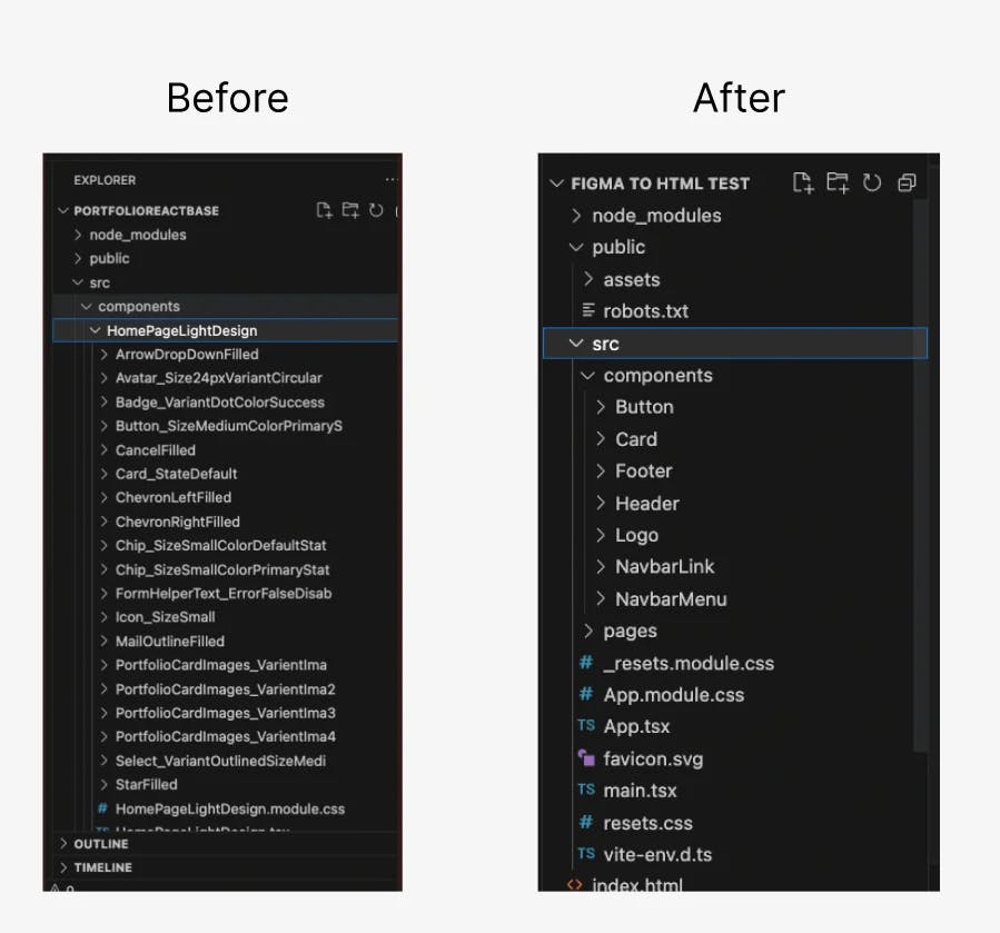 Before and after of code