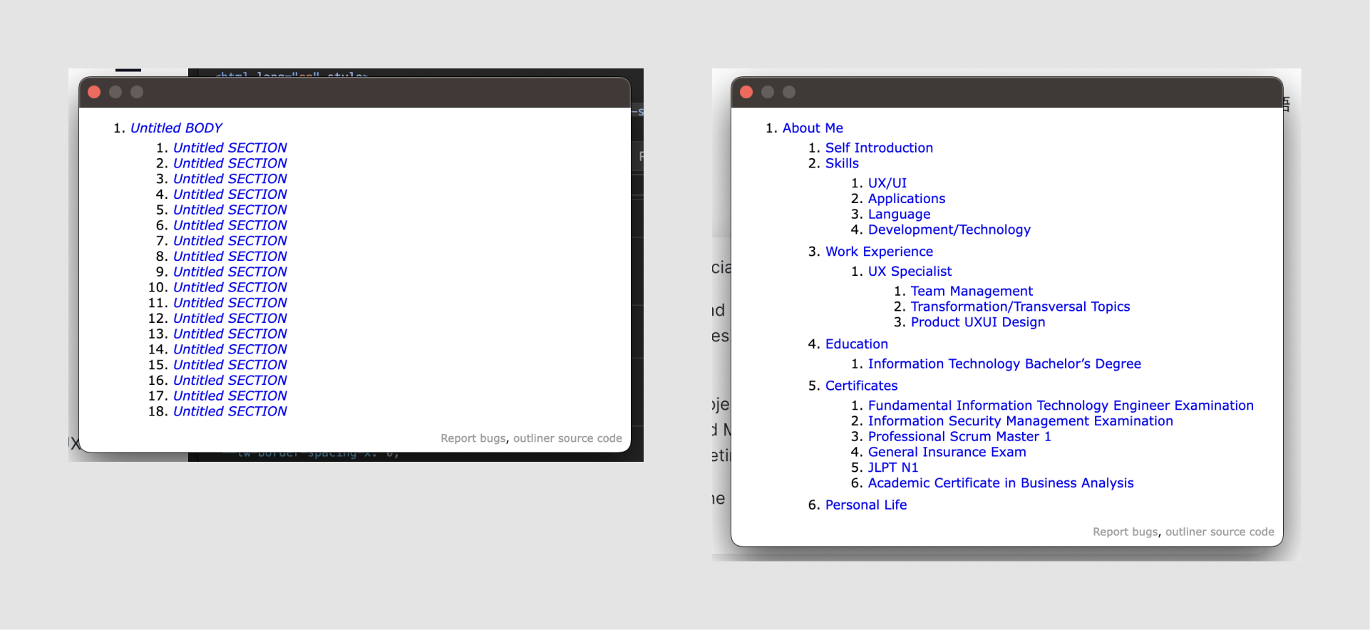 Before and after of correcting <h> tags on pages. 