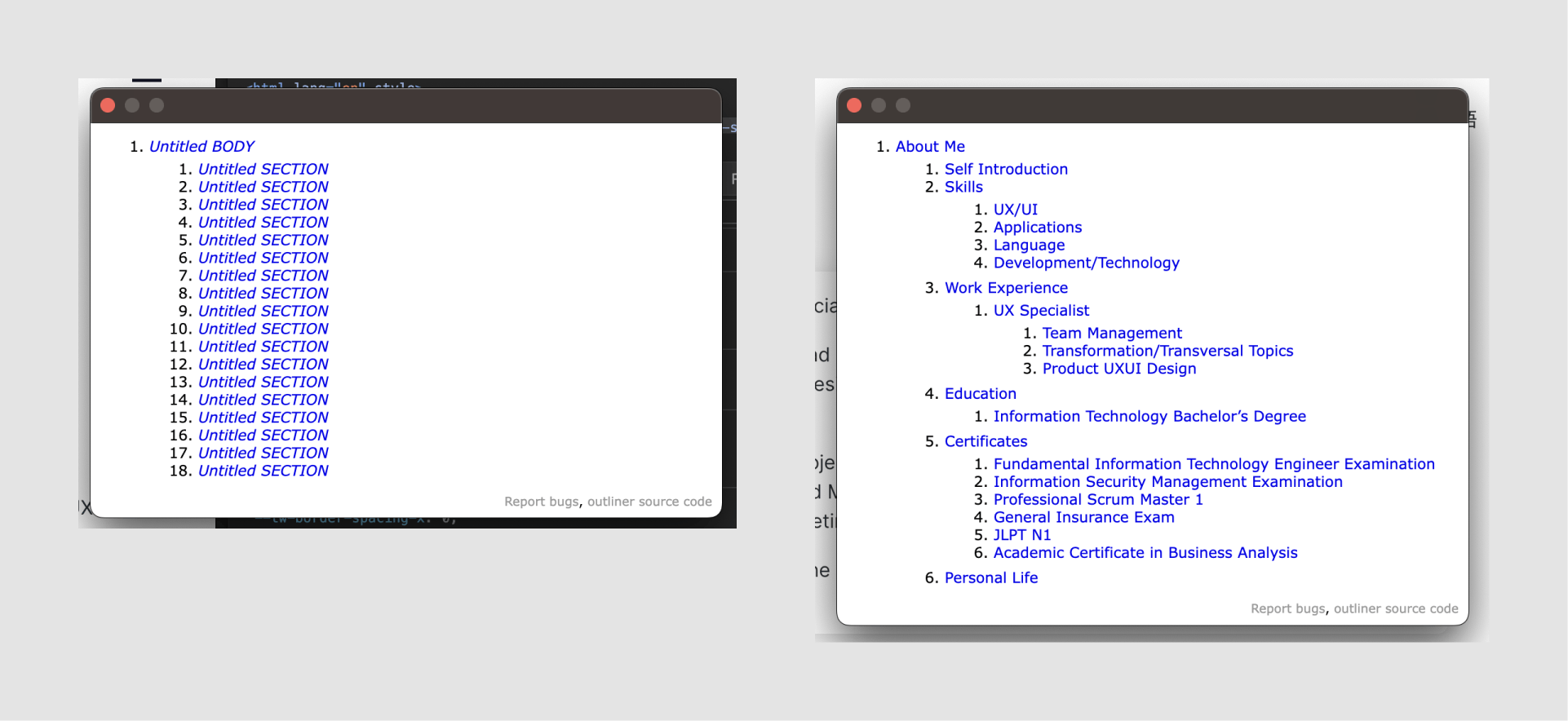 Before and after of correcting <h> tags on pages.