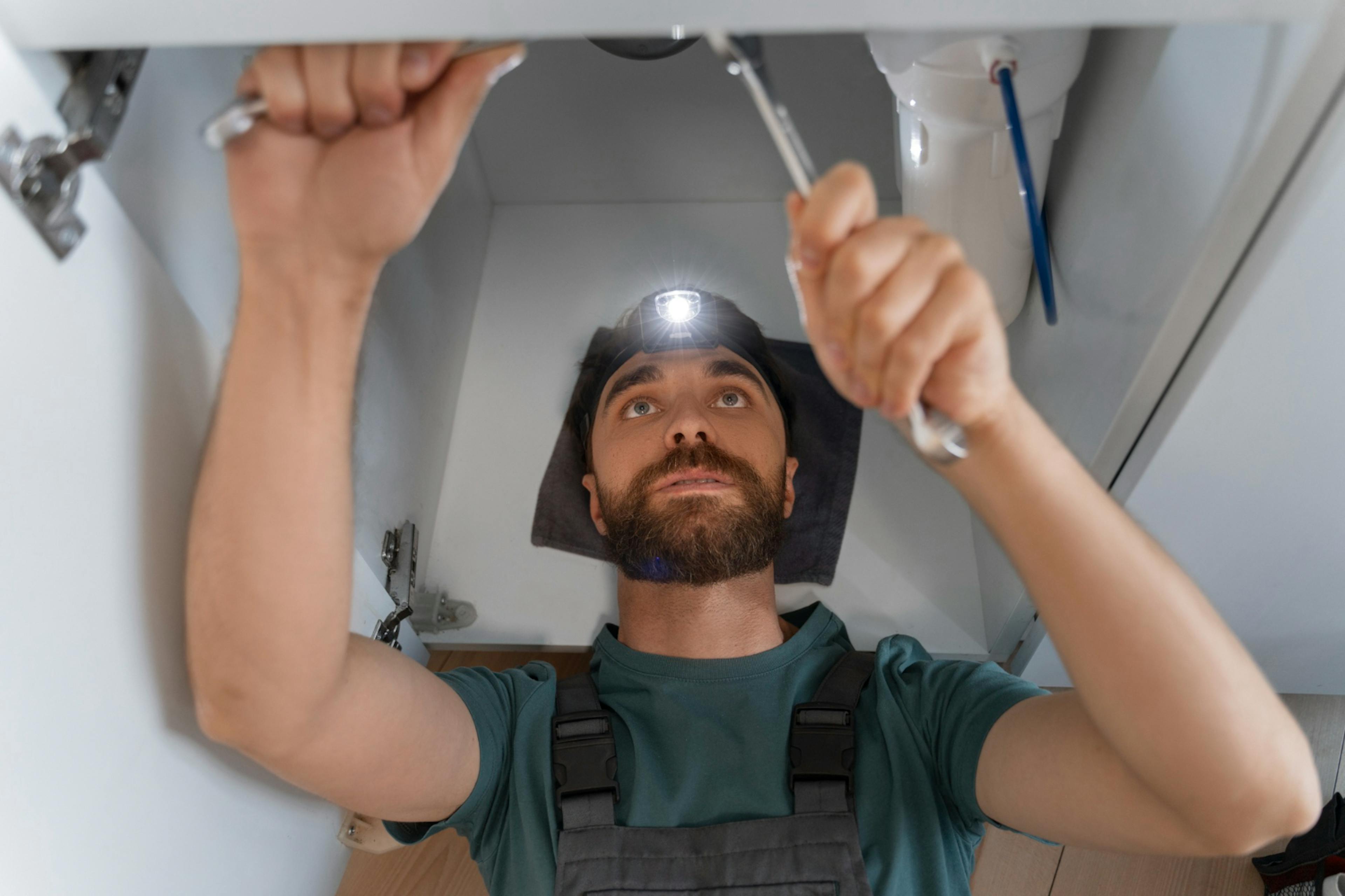 A plumber repairs a sink