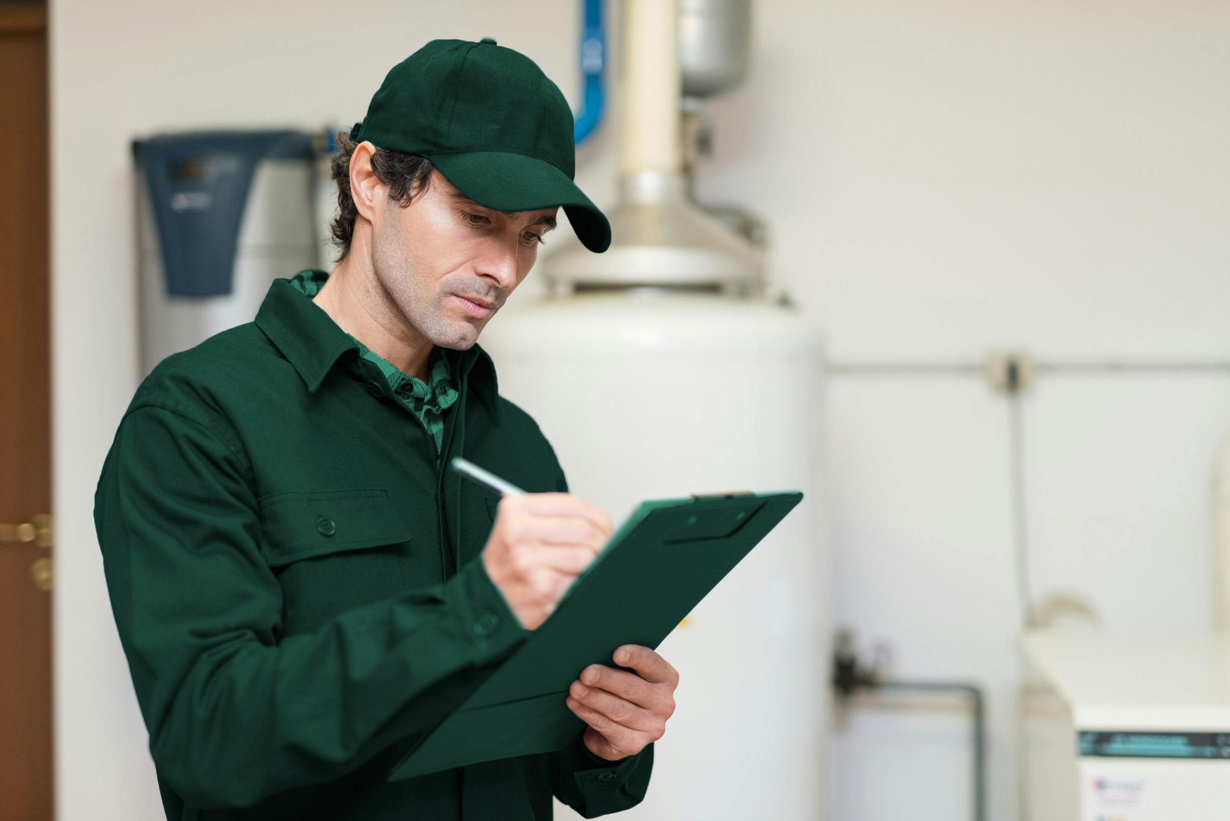 A plumber checks the information