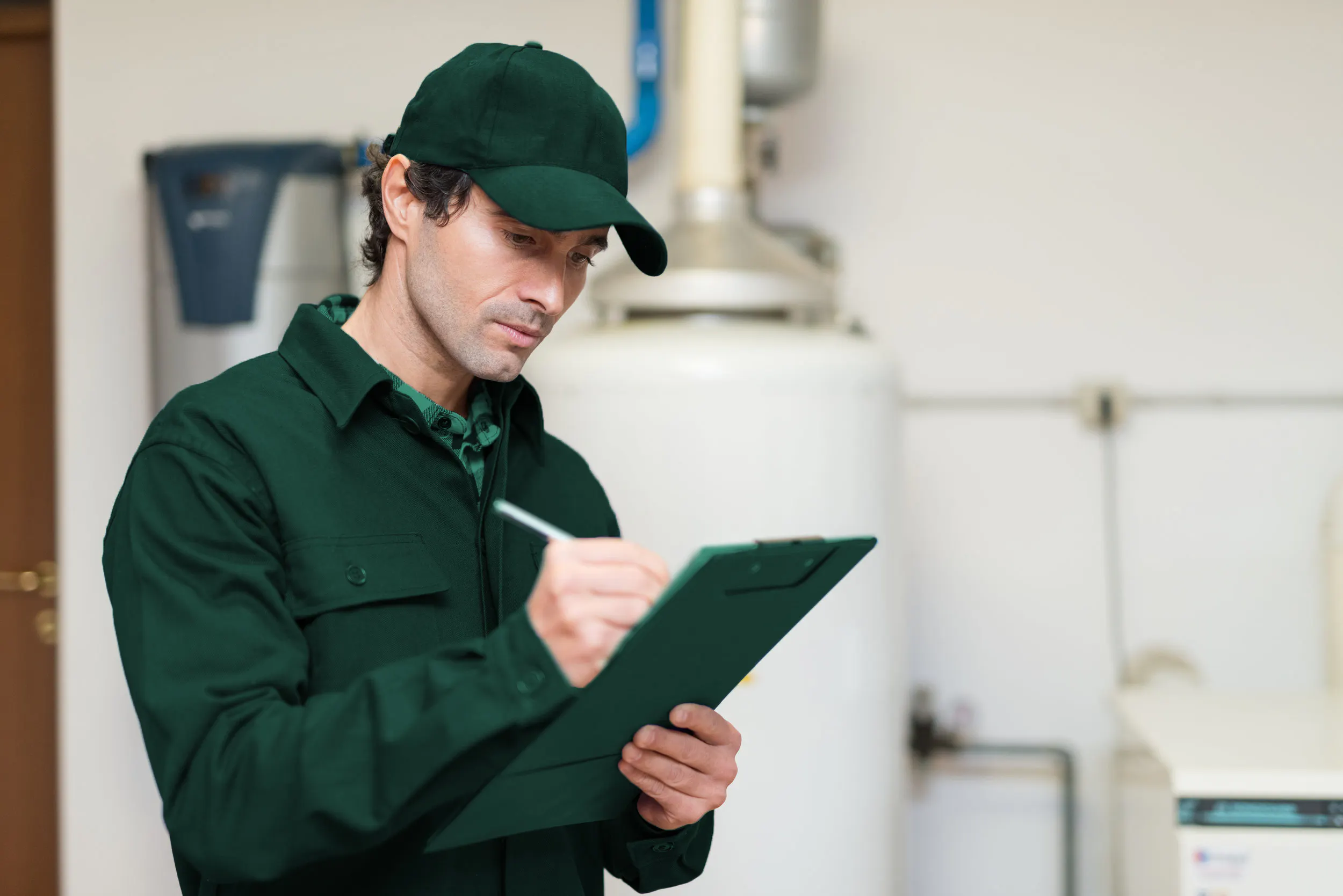 A plumber checks the information