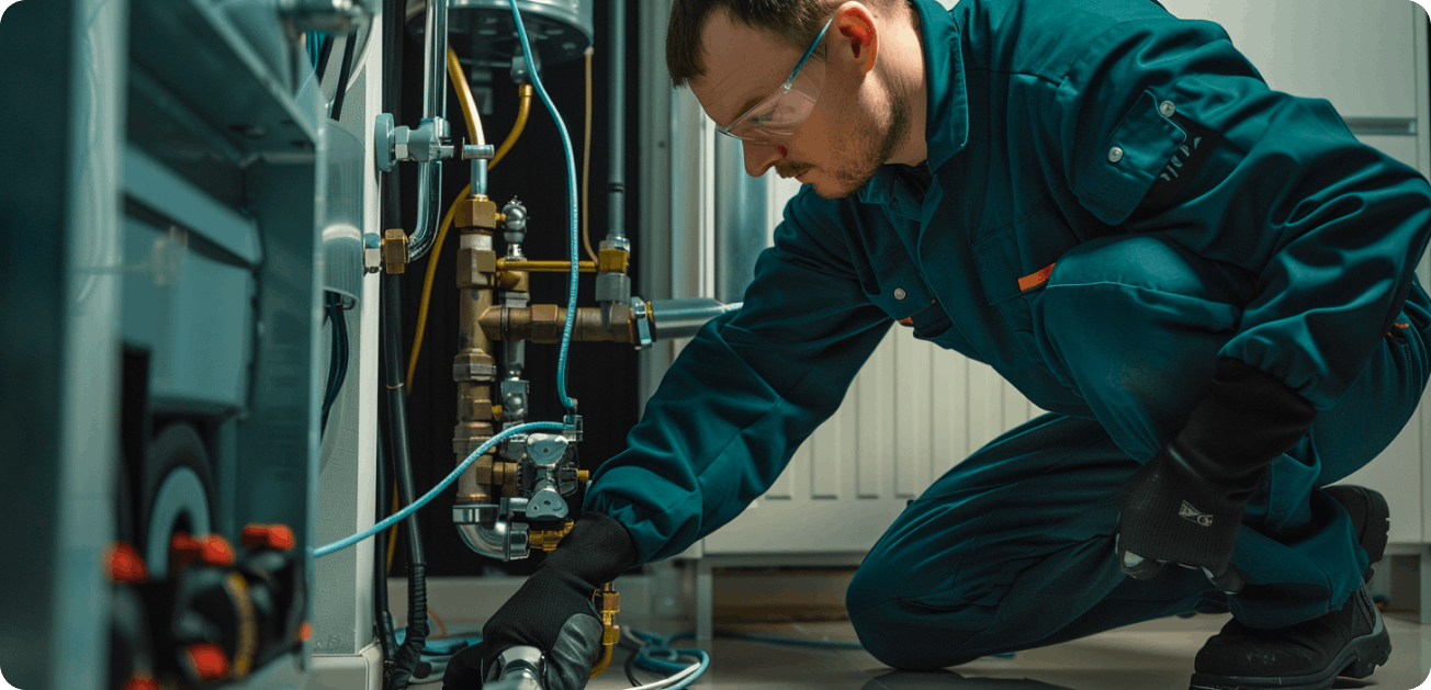 A plumber fixes a central heating system
