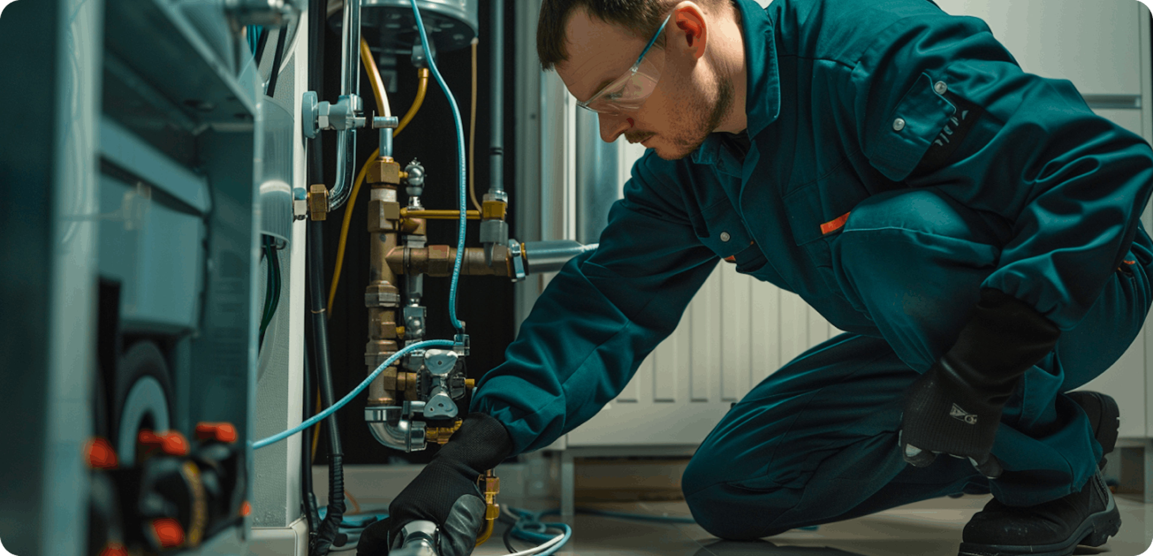 A plumber fixes a central heating system