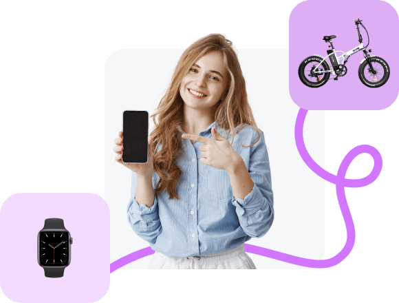 Młoda kobieta wskazująca palcem na swój smartphone a obok niej ikonki smartwatcha i elektrycznego roweru