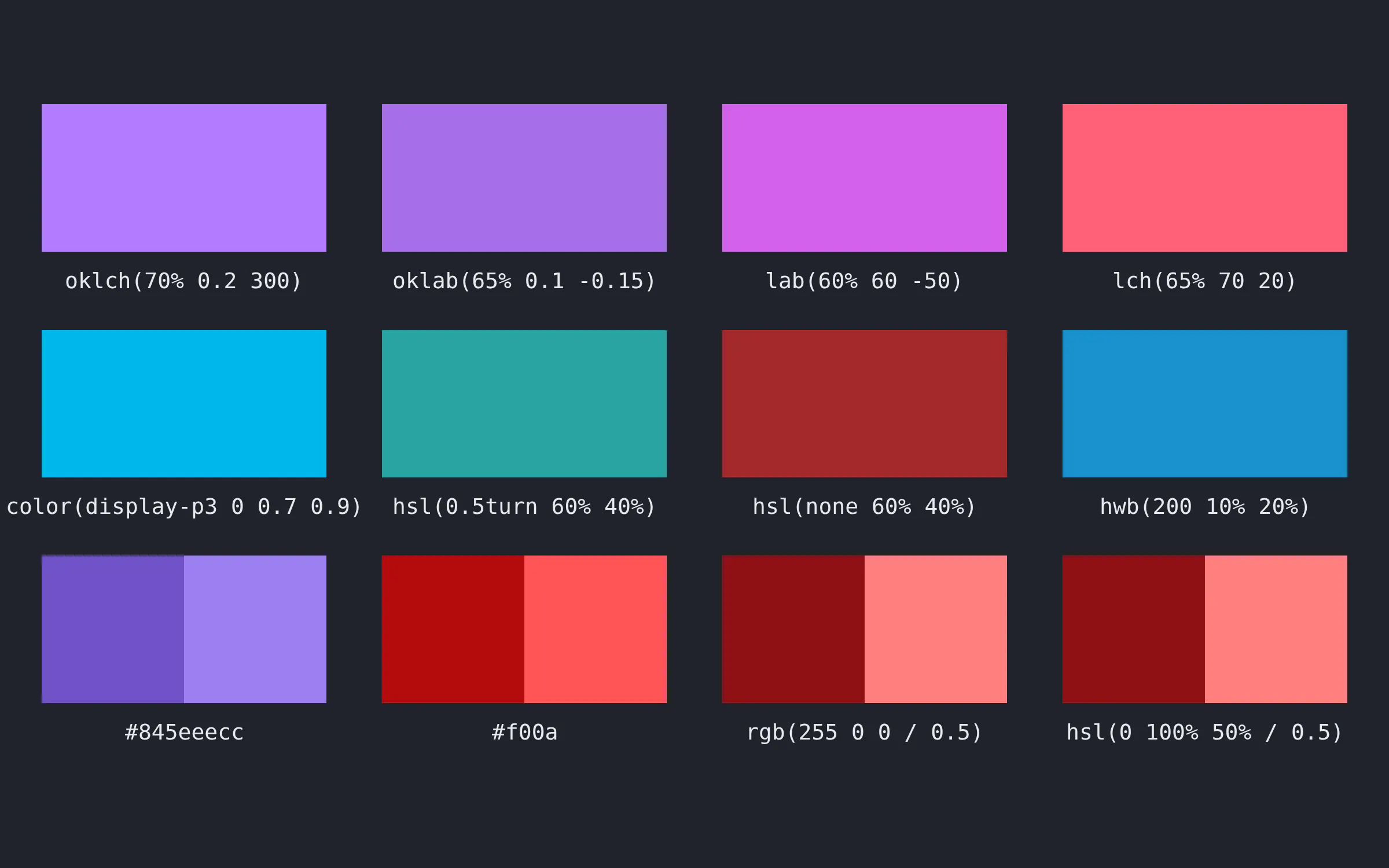 Twelve color swatches, each filled with a CSS Color 4 string that plotly.js 4 can read