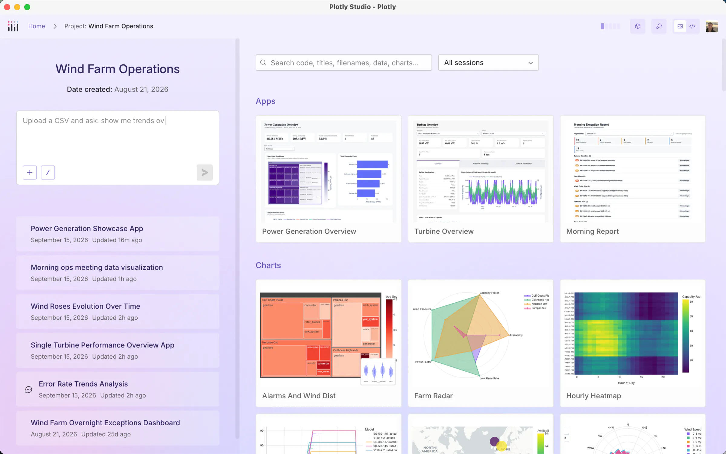 Plotly Studio Desktop: a project with its apps and charts