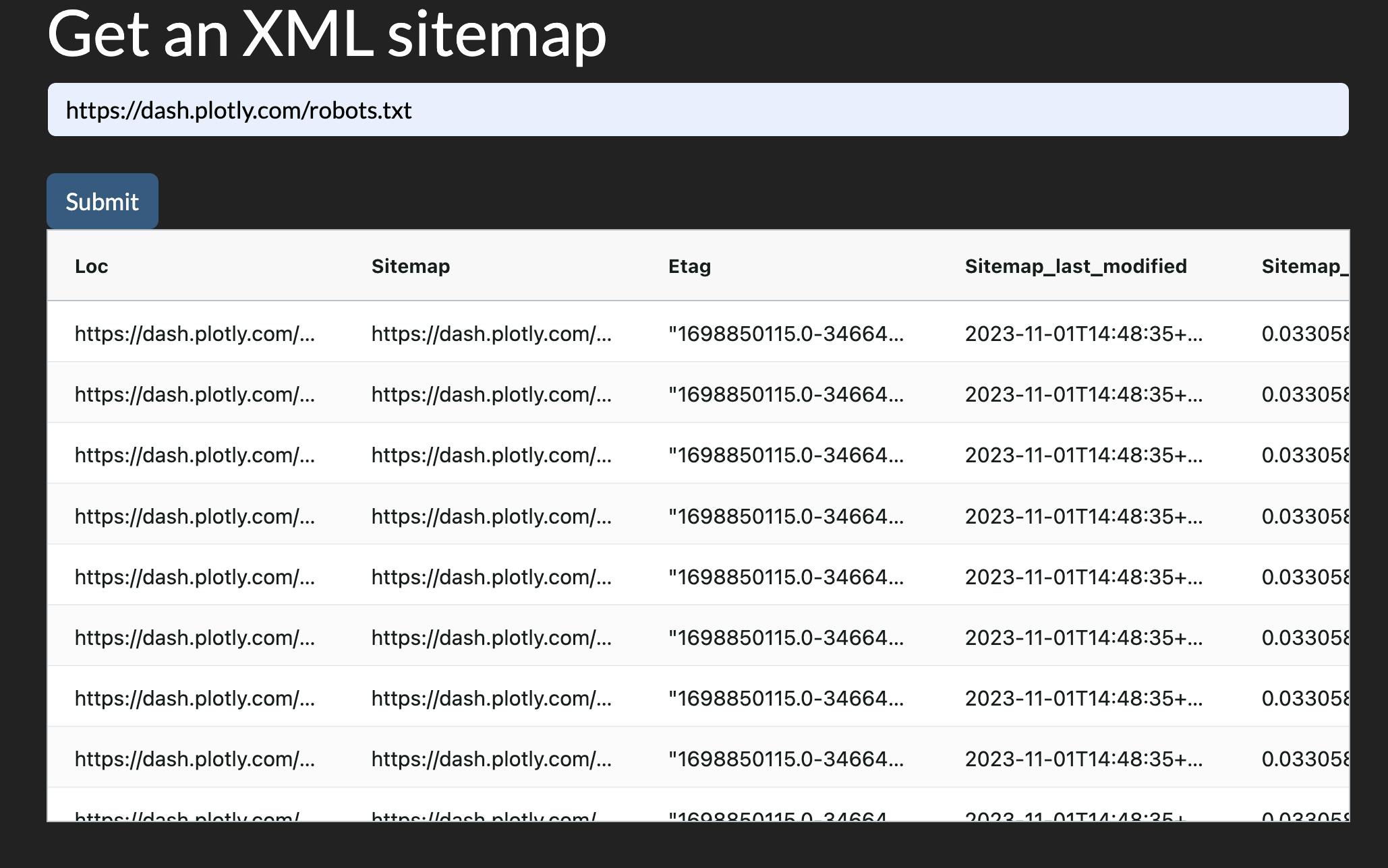 XML sitemap Dash app