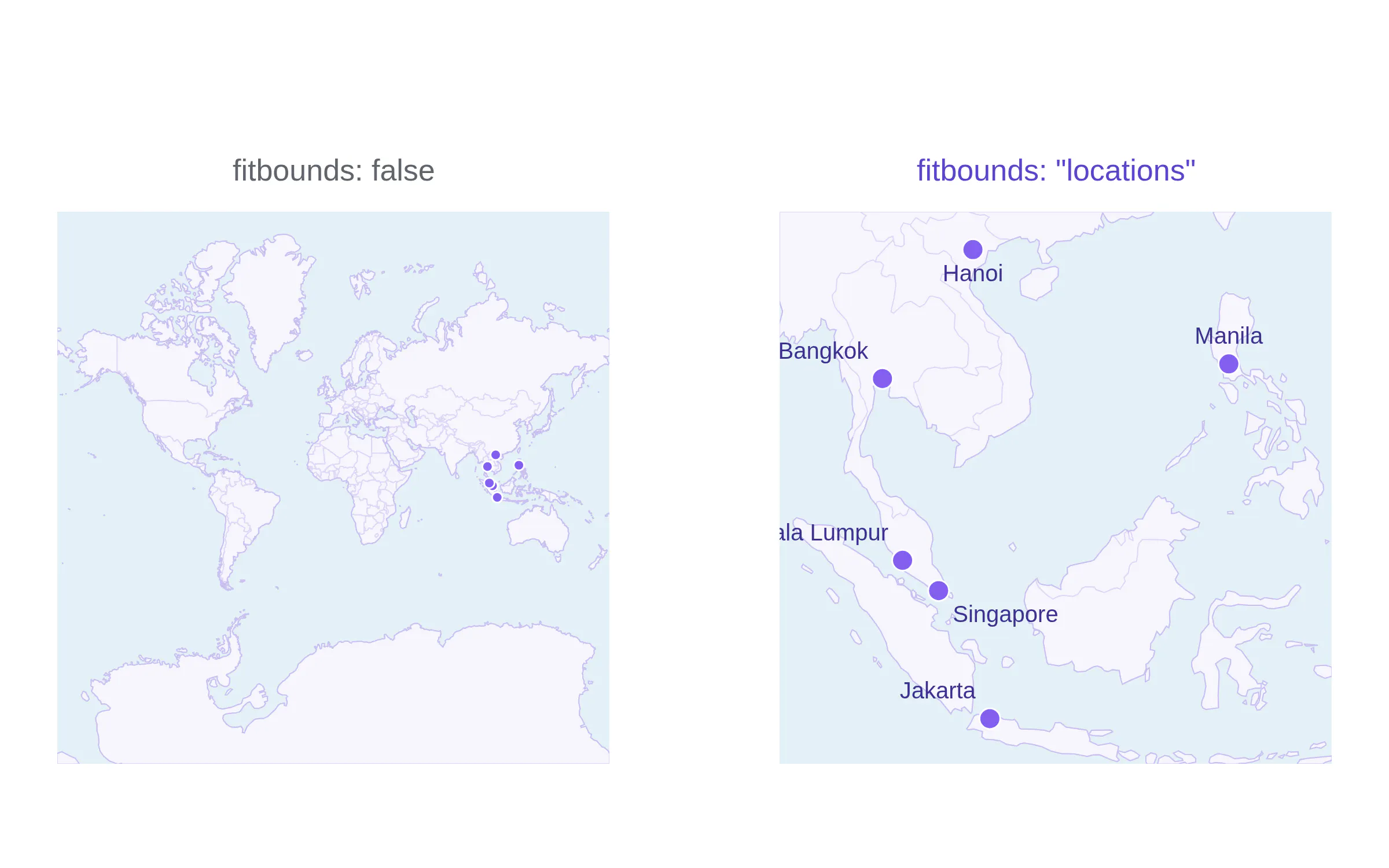 Six cities on a whole-world map and on an auto-fitted map