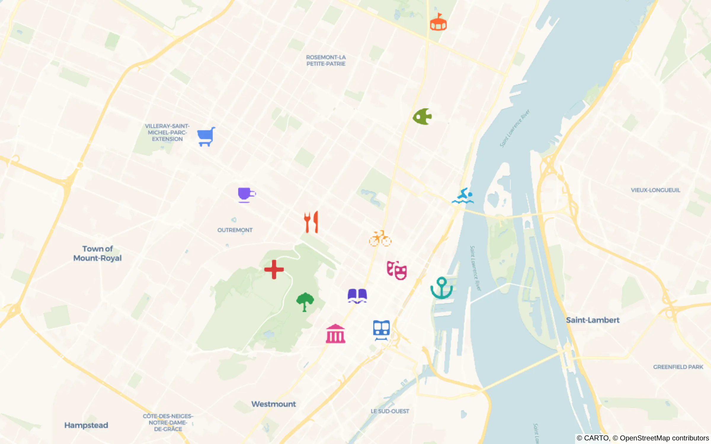 Colored Maki icons over a map of Montréal
