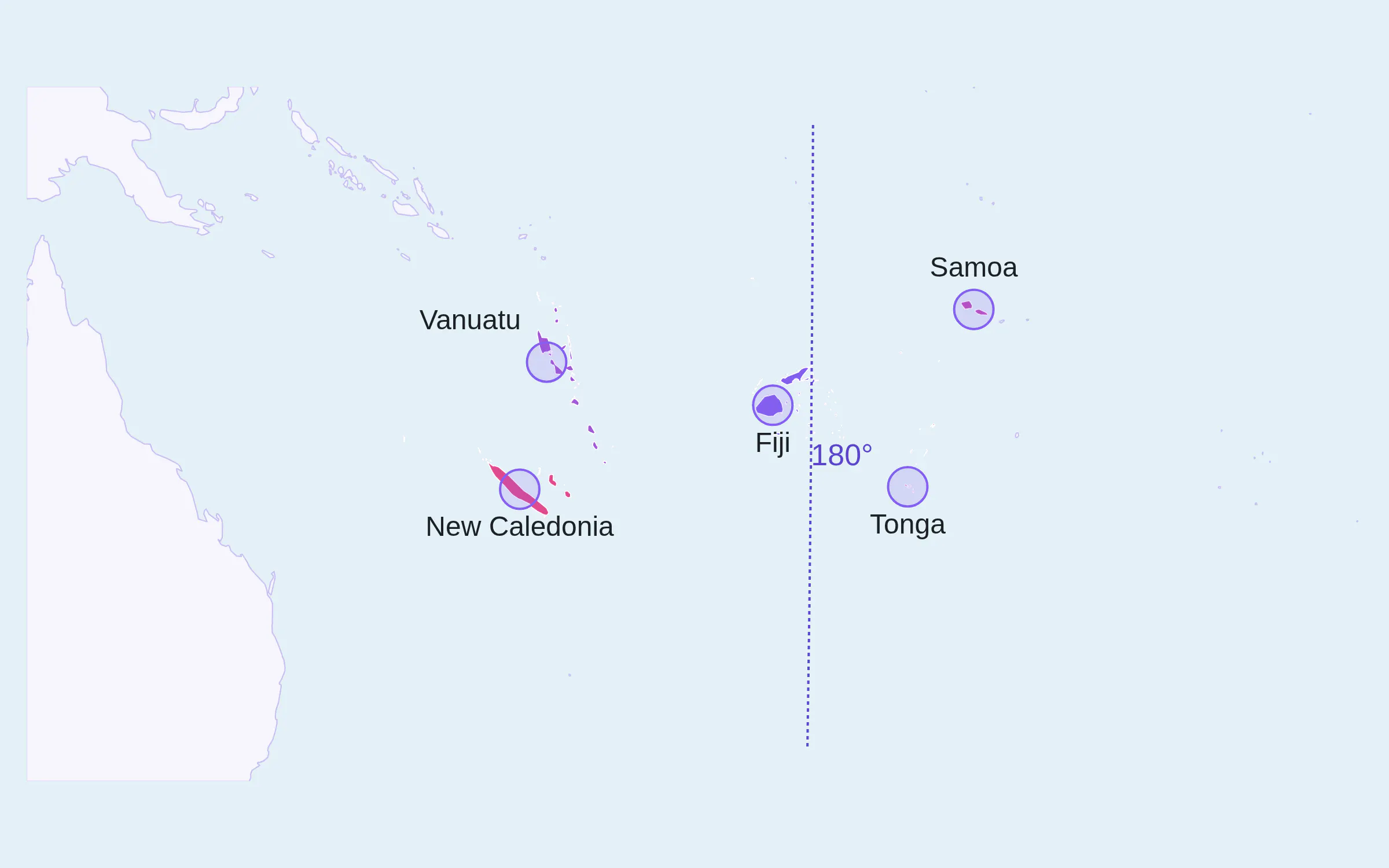 A choropleth of Pacific islands centered on the 180° dateline
