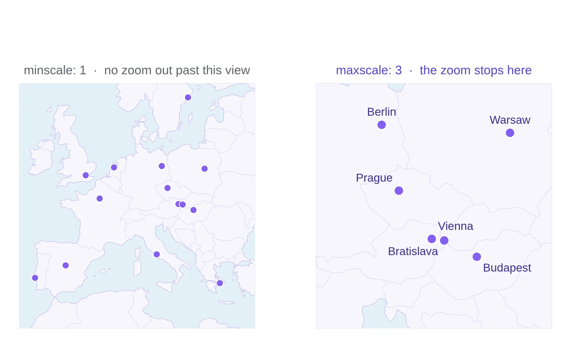 Two views of the same geo map: Europe at minscale 1, and central Europe at maxscale 3