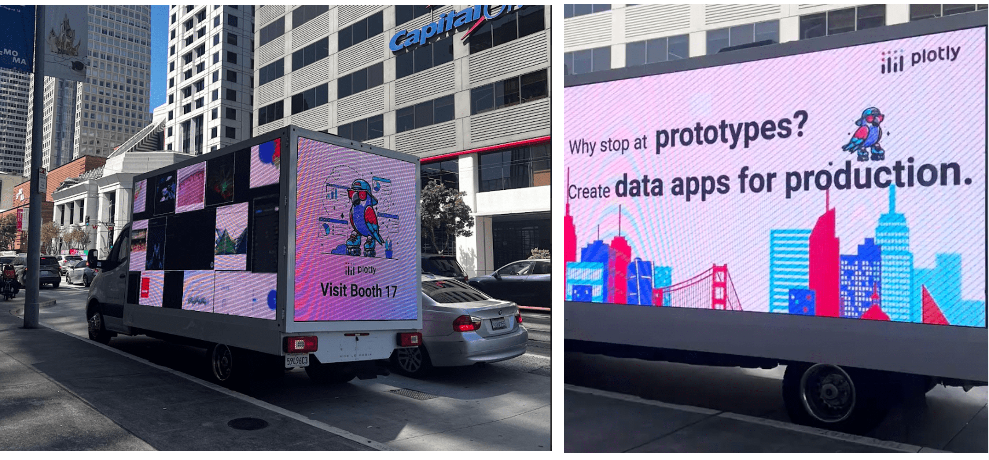 Ads on a few trucks circling the Moscone Center showcasing the Plotly peregrine falcon.