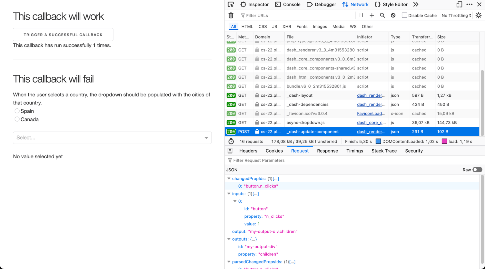 Dash callback requests error logs