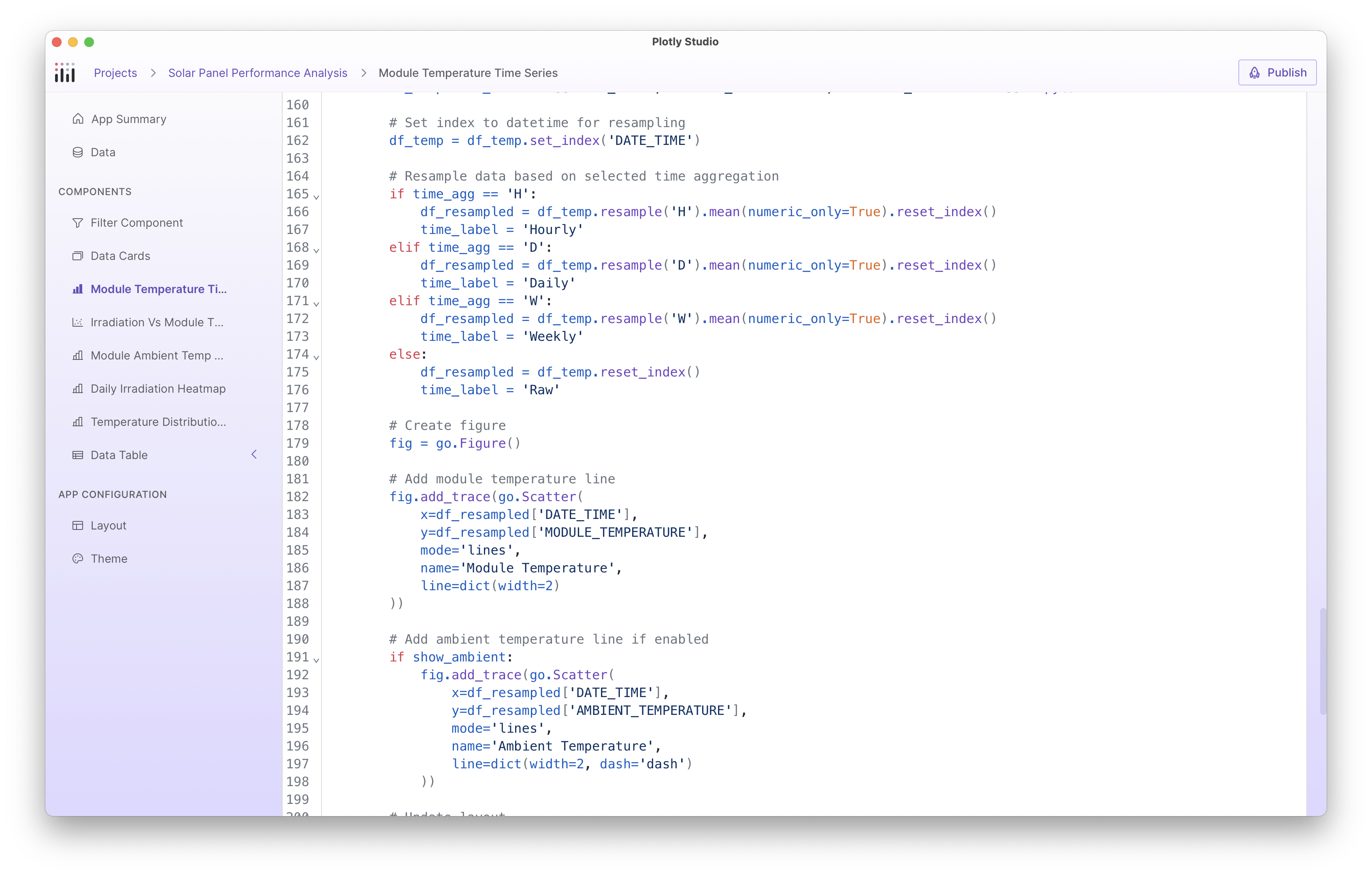 A screenshot of Plotly Studio showcasing the code behind one of the charts.