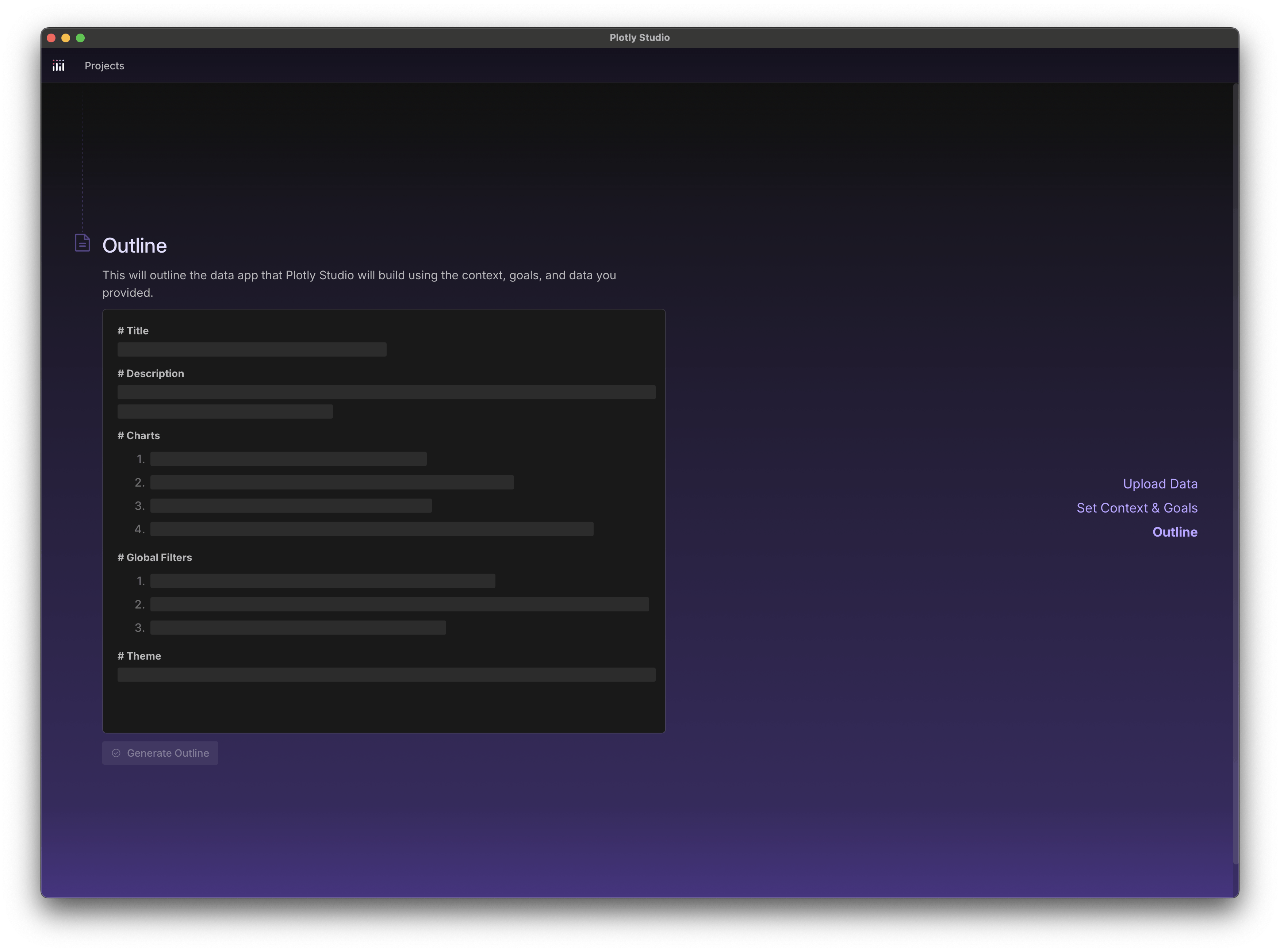 Screenshot of Plotly Studio's getting started experience where the outline of the app is getting autogenerated by AI.