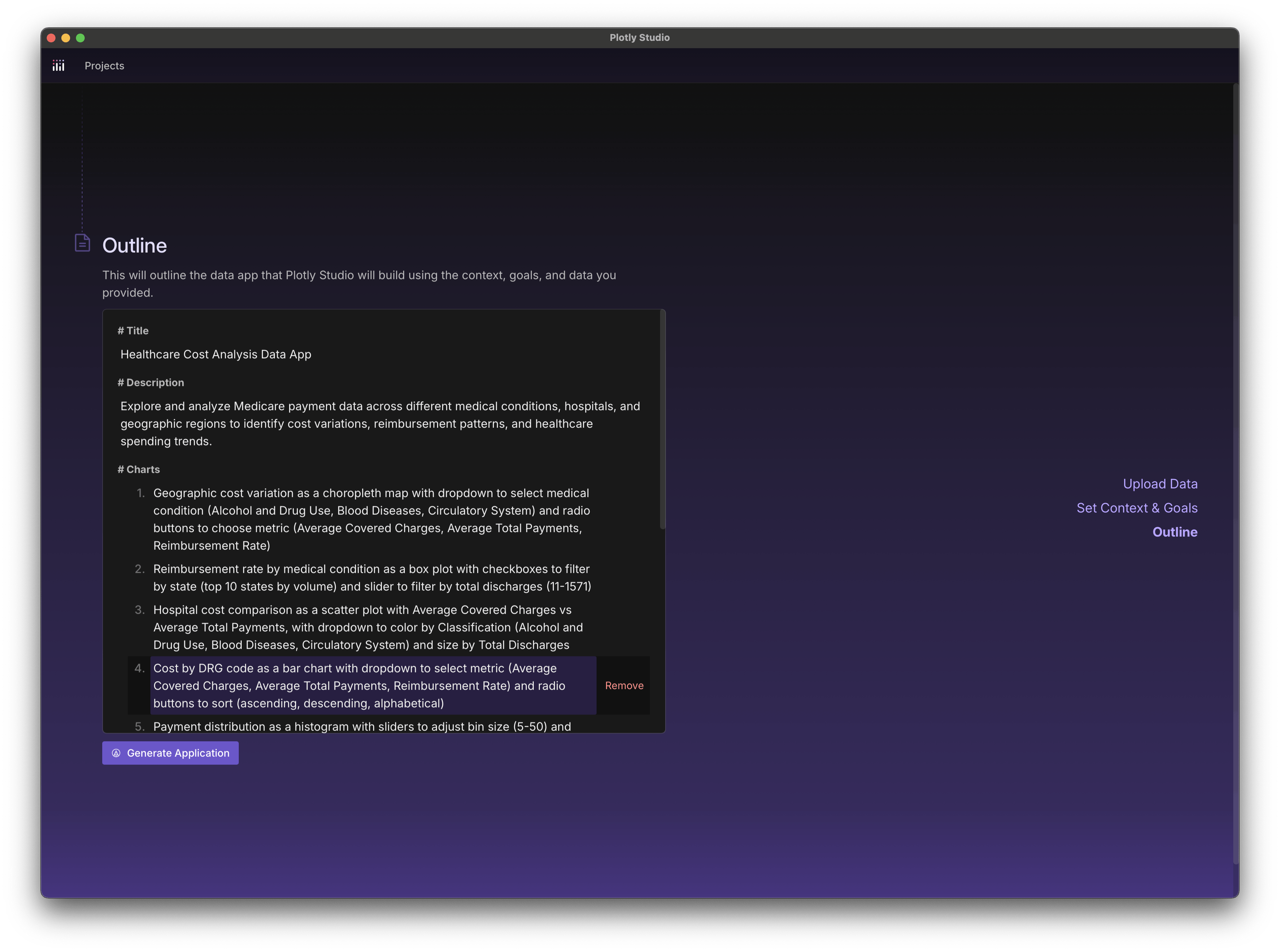 Screenshot of Plotly Studio's getting started experience where the outline of the app is generated by AI and presented to the user.