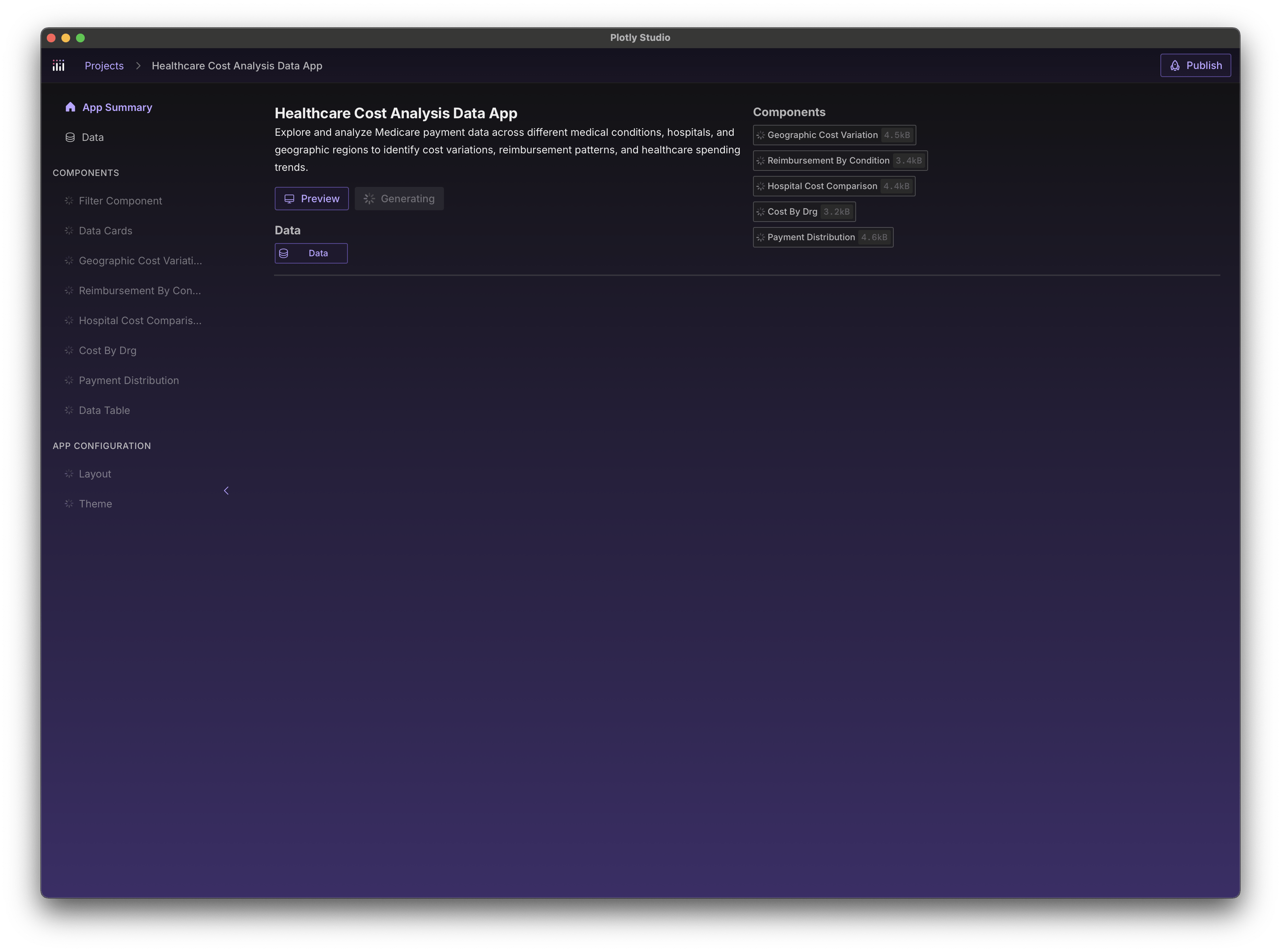 Screenshot of Plotly Studio's getting started experience where the outline of the app is generated by AI and presented to the user.