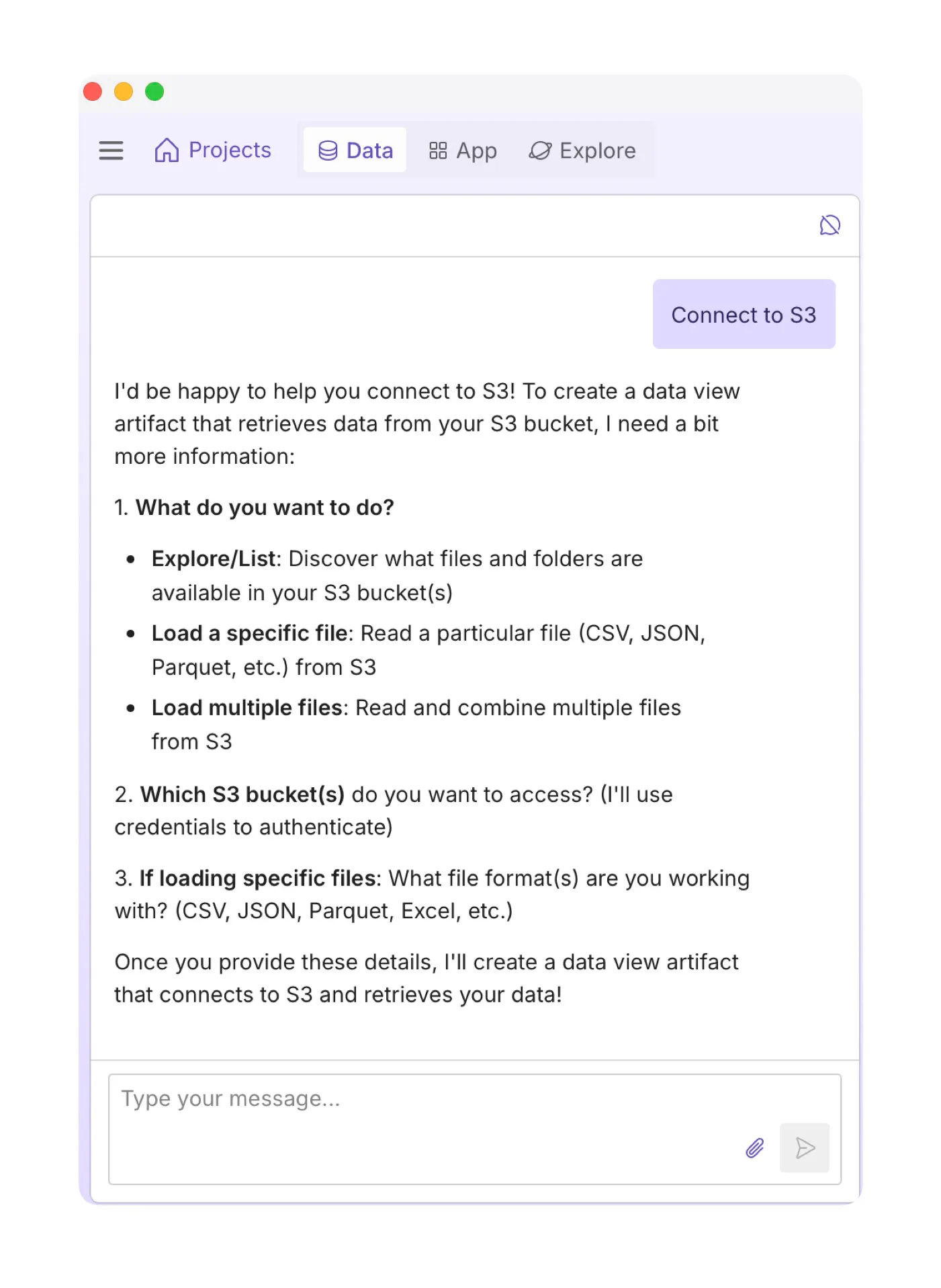 s3 chat interface inside Plotly Studio