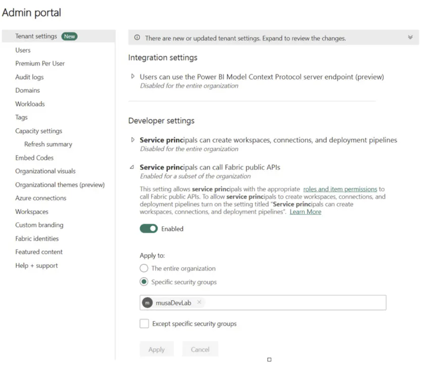 Fabric Admin Portal with the setting enabled