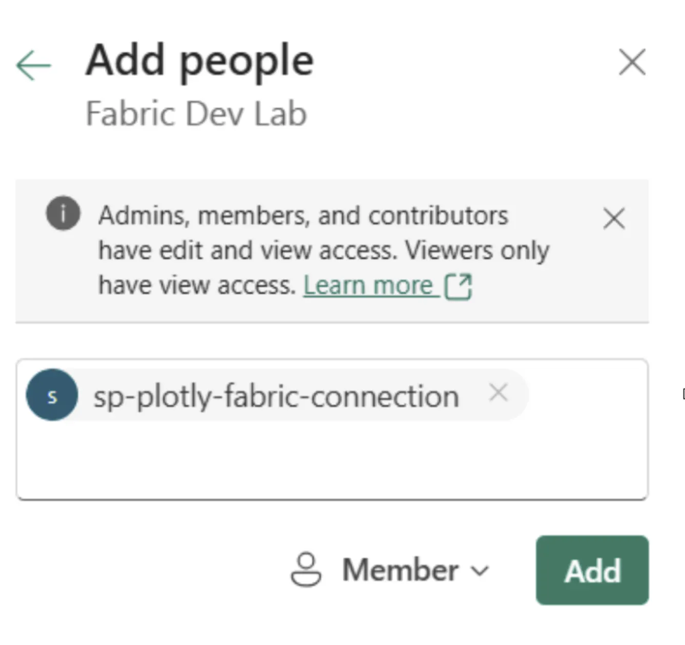 Workspace Manage Access panel with the service principal added