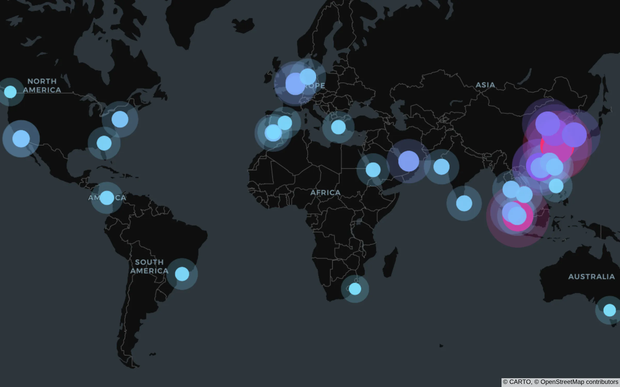 The busiest container ports of the world as a scattermap trace on dark tiles