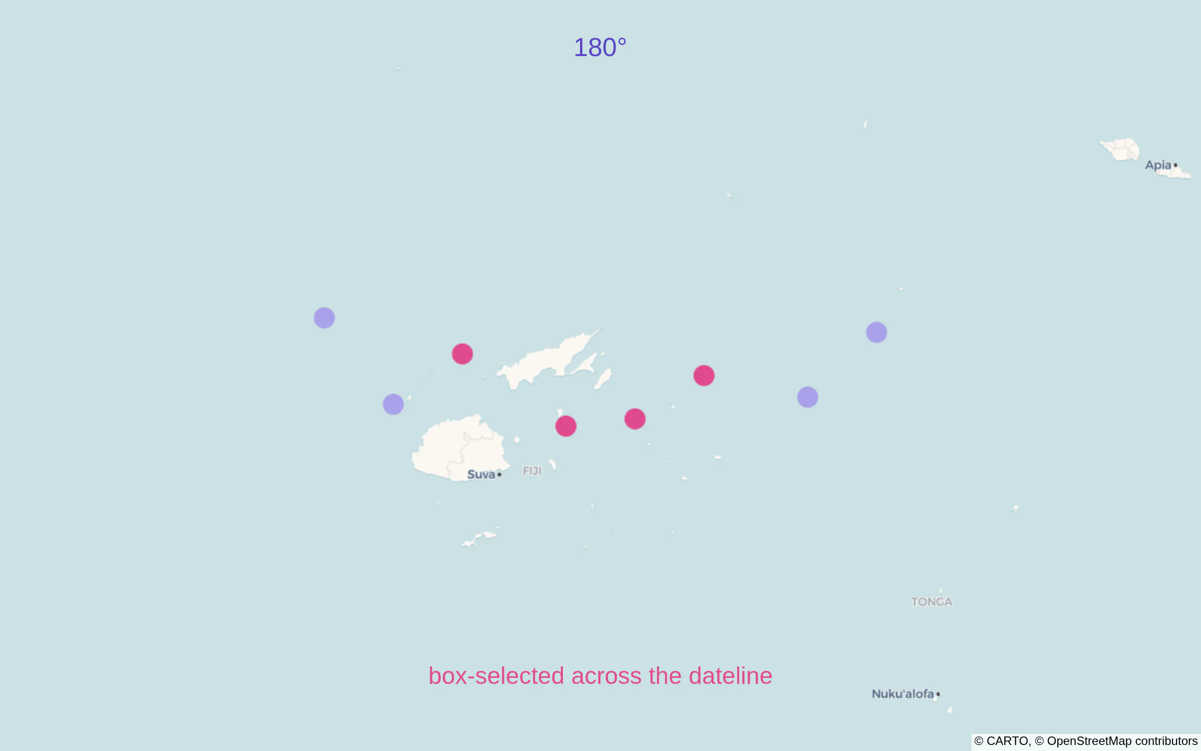 Points near Fiji on both sides of the dateline, with the selected ones in pink
