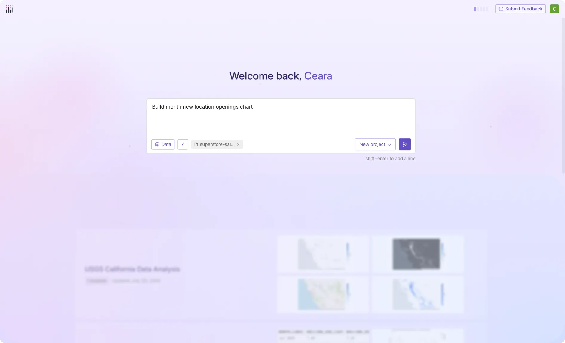Screenshot of Plotly Studio showing an open ended prompt that is getting filled in
