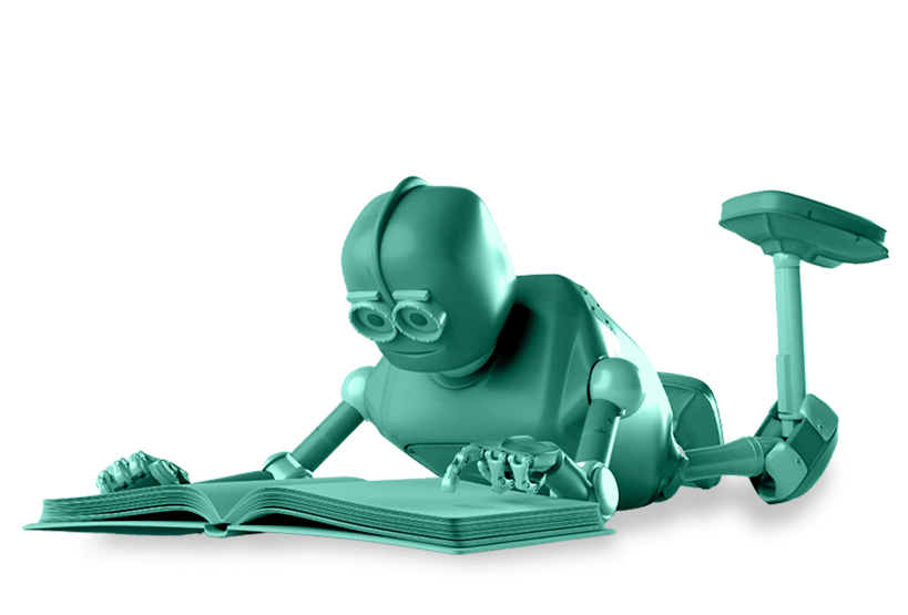 robot laying on floor reading book