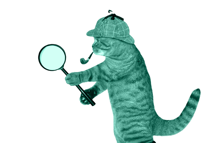 cat wearing a hat smoking a pipe with a magnifying glass