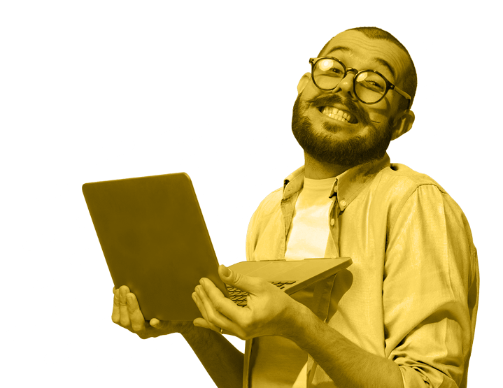 man holding laptop with glasses and mustache smiling