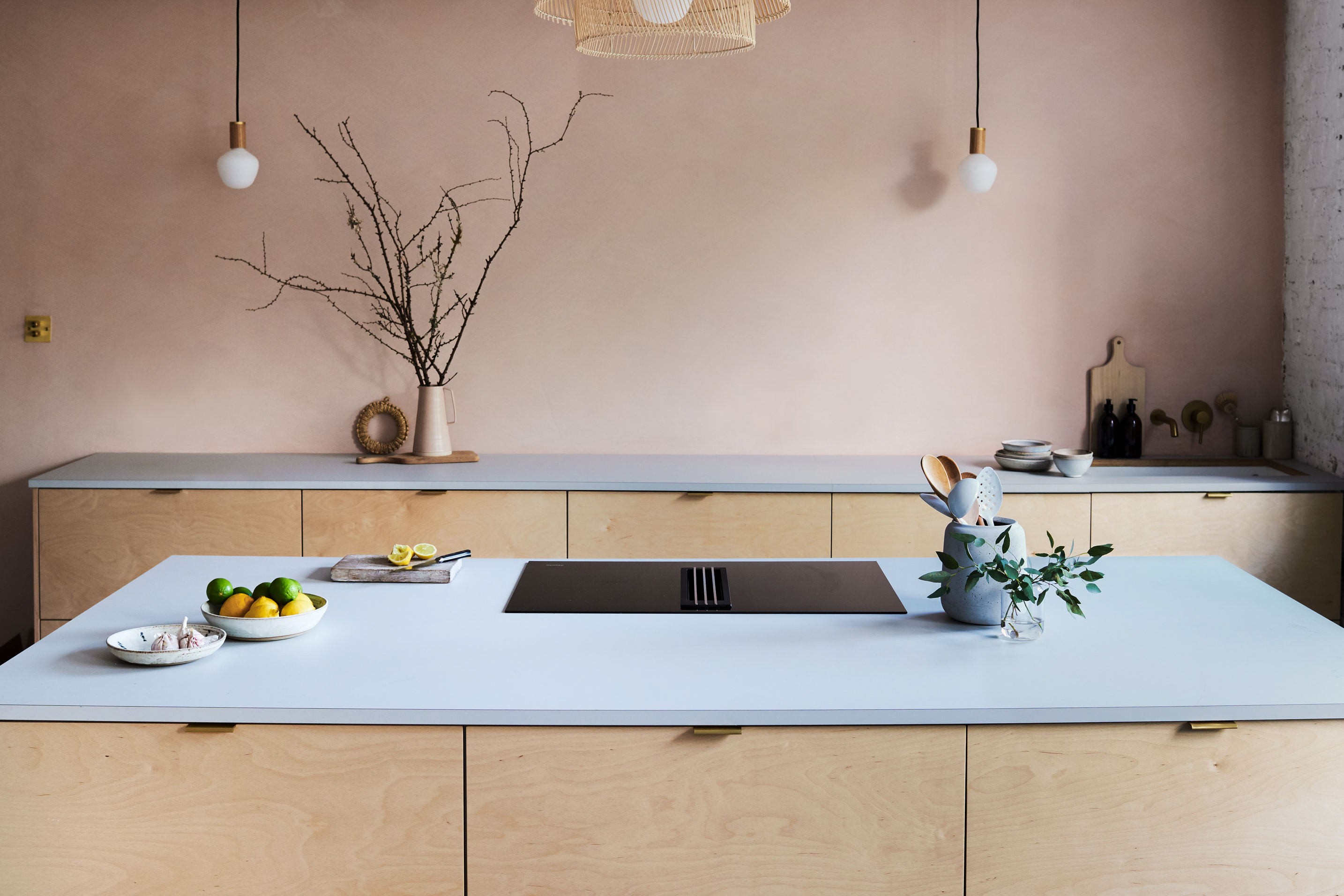 Birch ply and brass edge pull handles in our Narroway kitchen