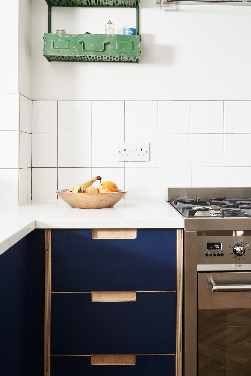 Navy Blue Formica fronts with semi-recessed handles in our Cramner Avenue kitchen