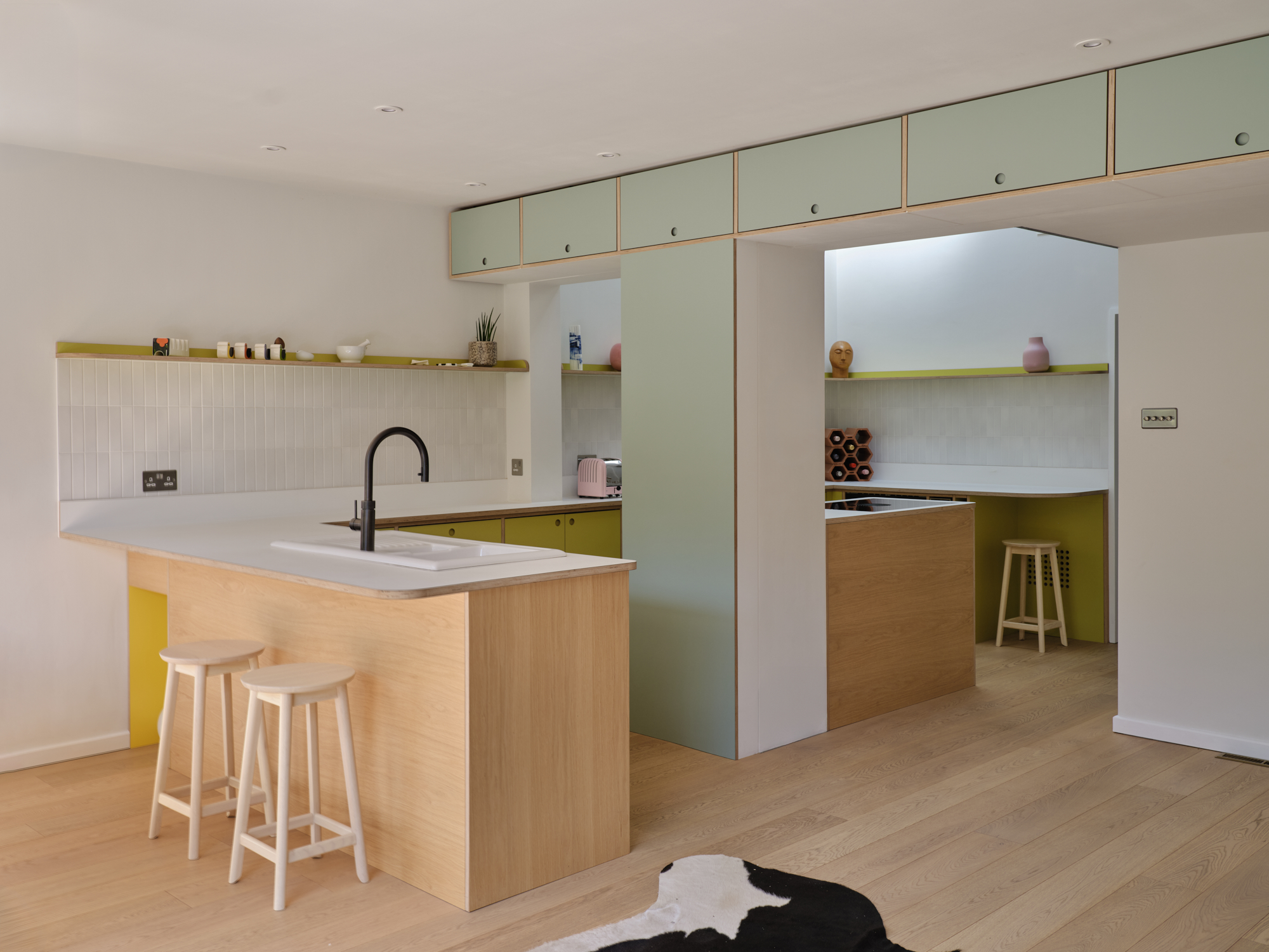 Plykea oak + Formica Wasabi + Arpa Bloom Verde Celadon birch plywood kitchen + white Fenix Bianco Kos birch plywood worktop