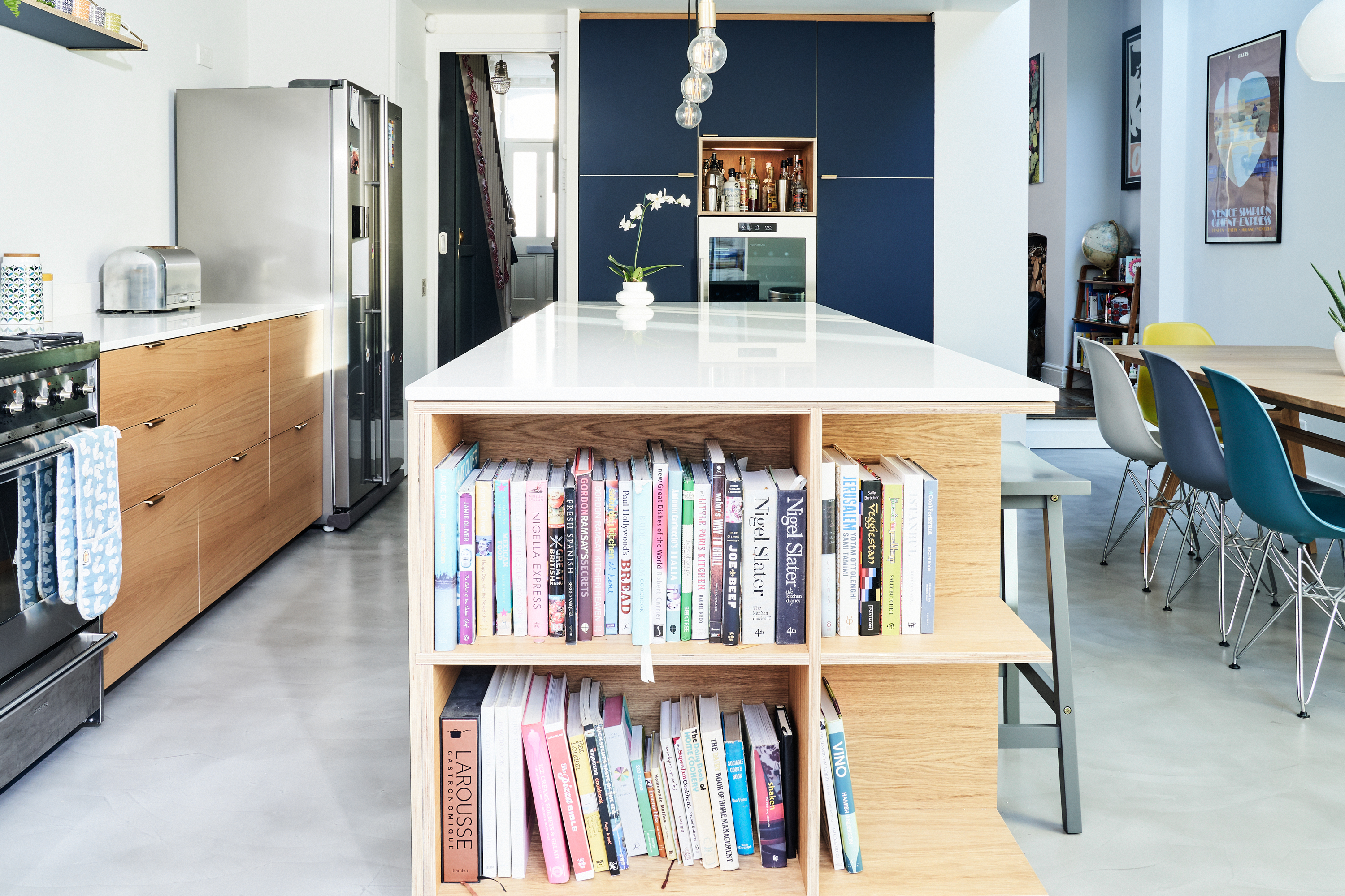 Blu Fez Fenix and Oak are combined with brass edge pull handles in our Ondine Road kitchen