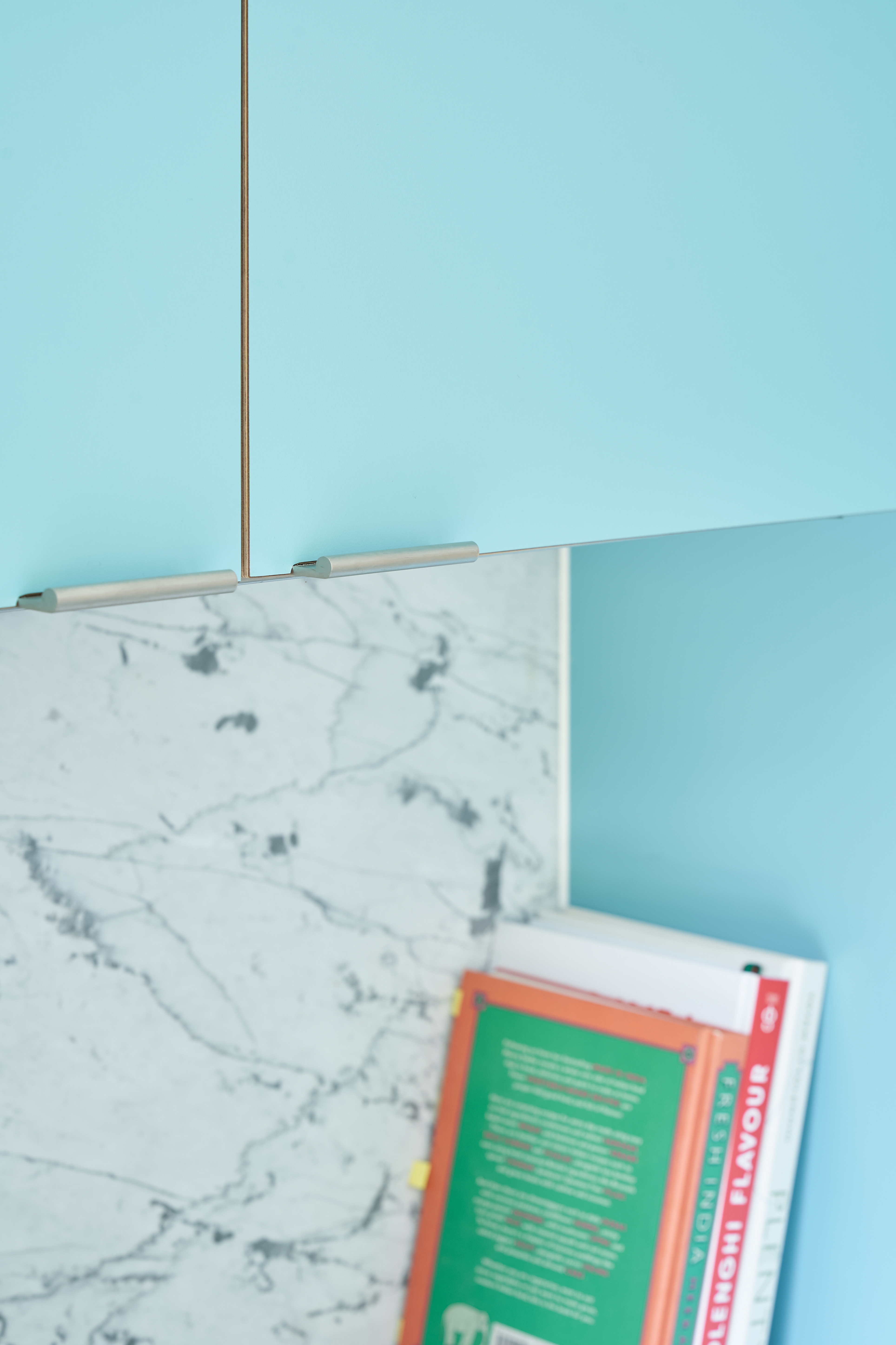 Plykea Formica Maui fronts with satin nickel edge pull handles