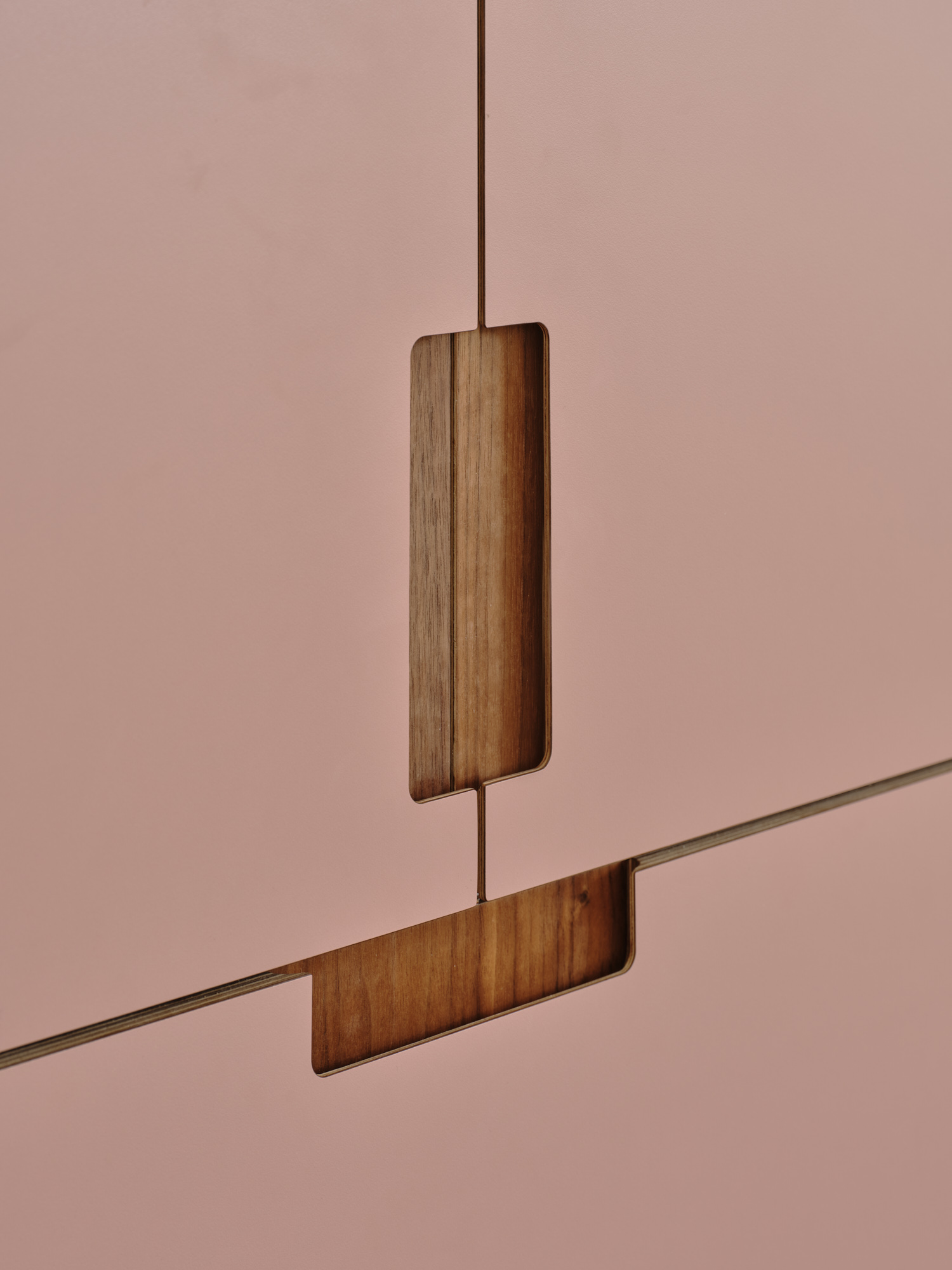 Plykea Formica Blush birch plywood fronts with walnut insert handles