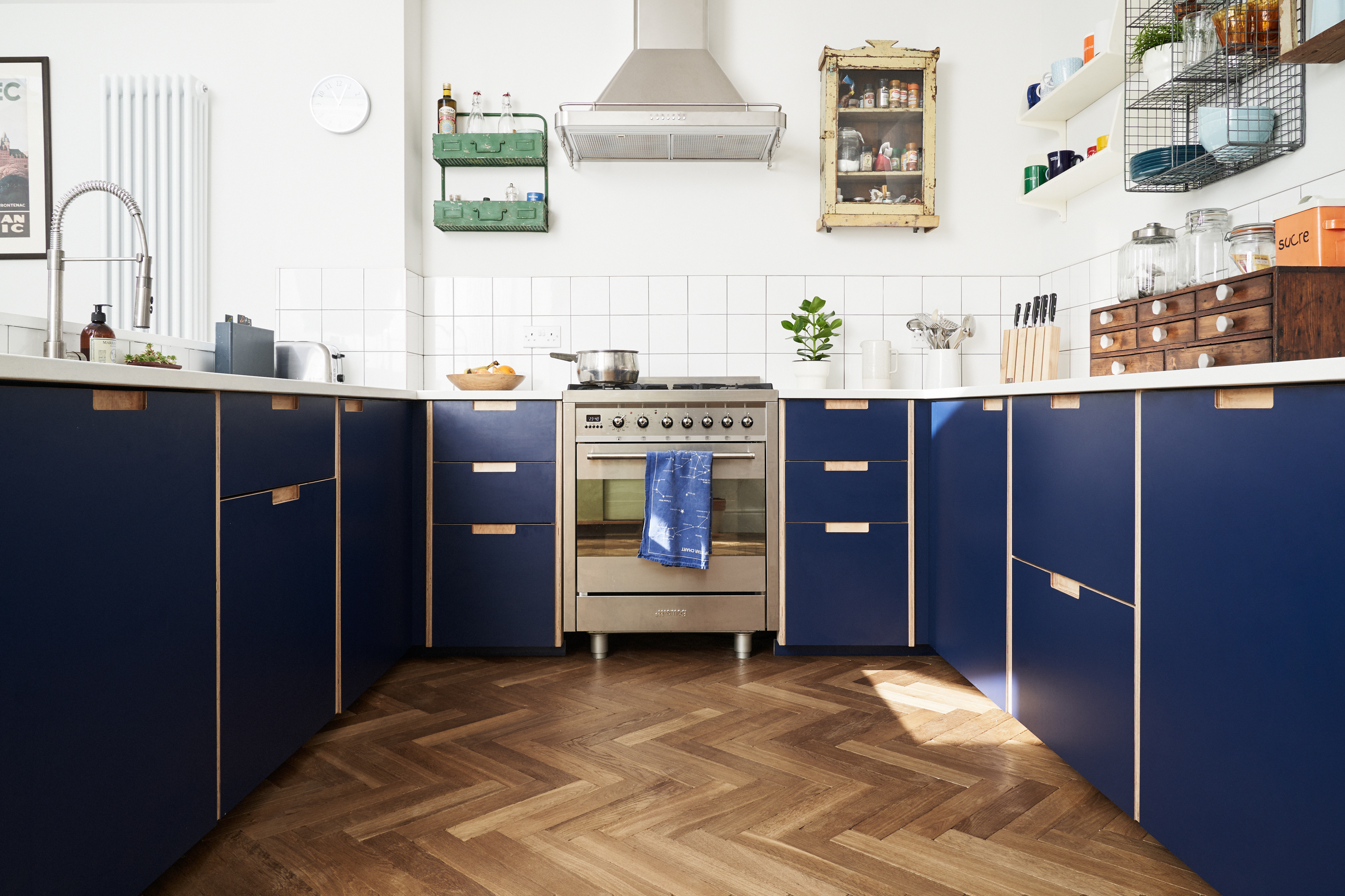 Navy Blue Formica fronts with semi-recessed handles in our Cramner Avenue kitchen