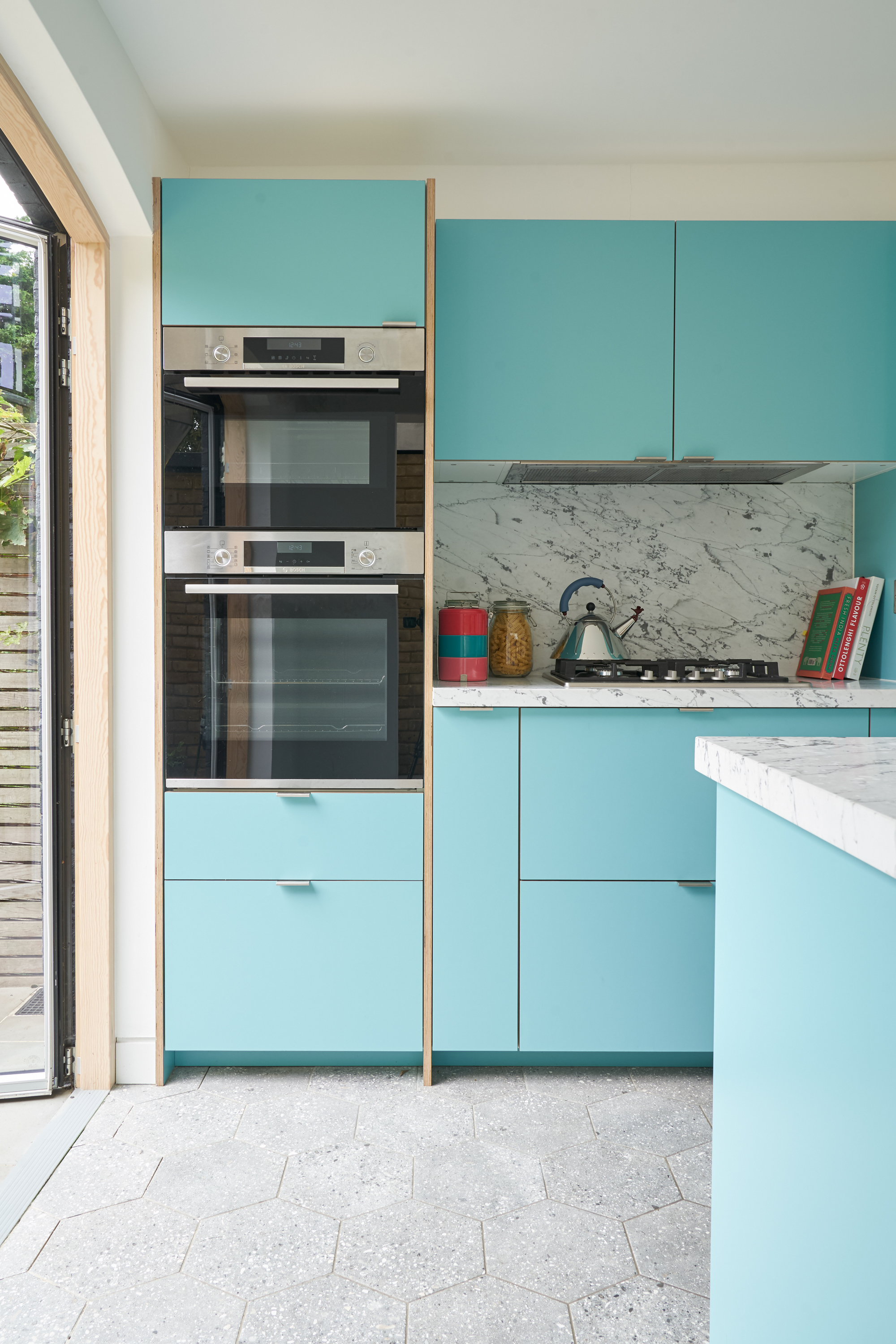 Plykea Formica Maui fronts with satin nickel edge pull handles