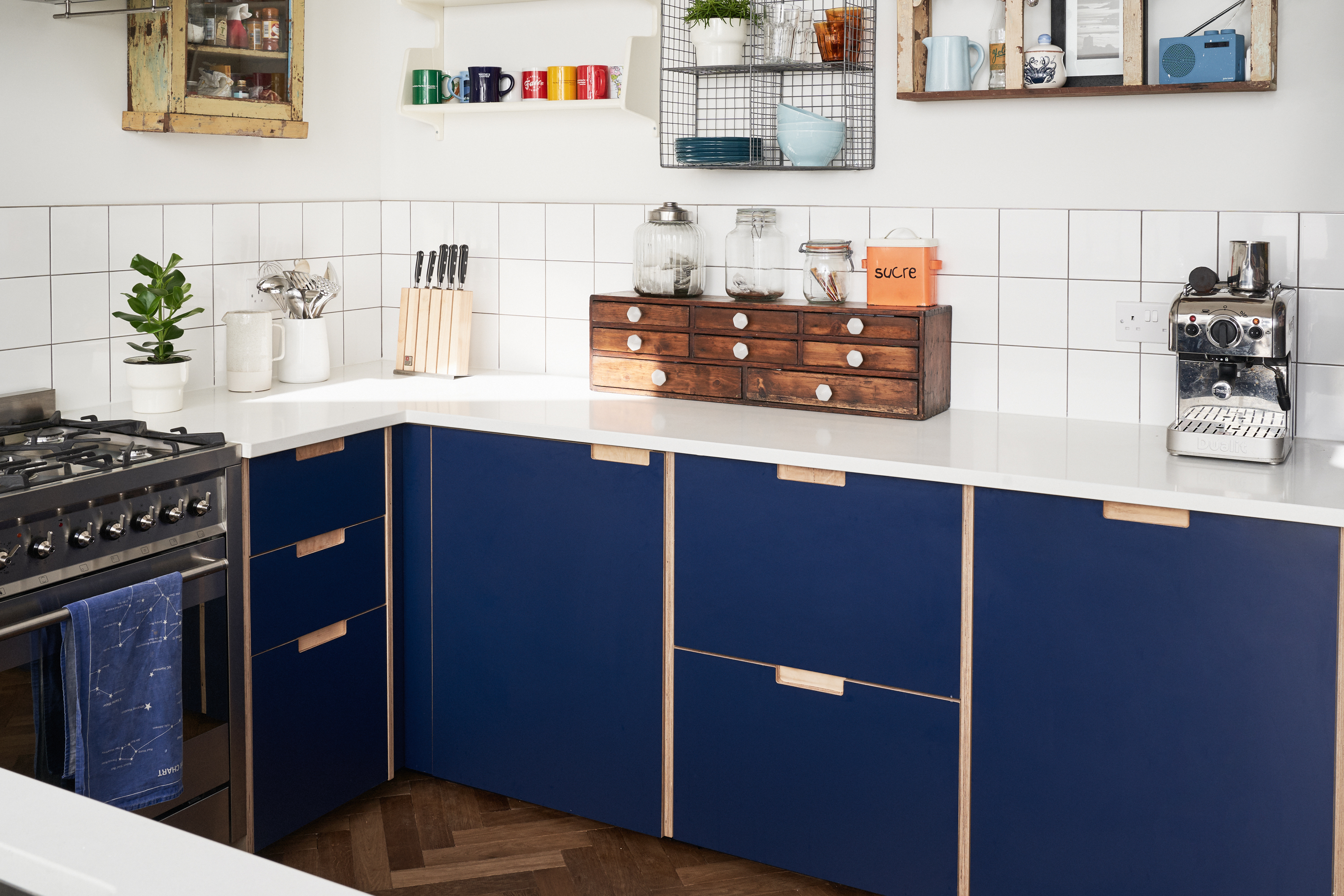 Navy Blue Formica fronts with semi-recessed handles in our Cramner Avenue kitchen