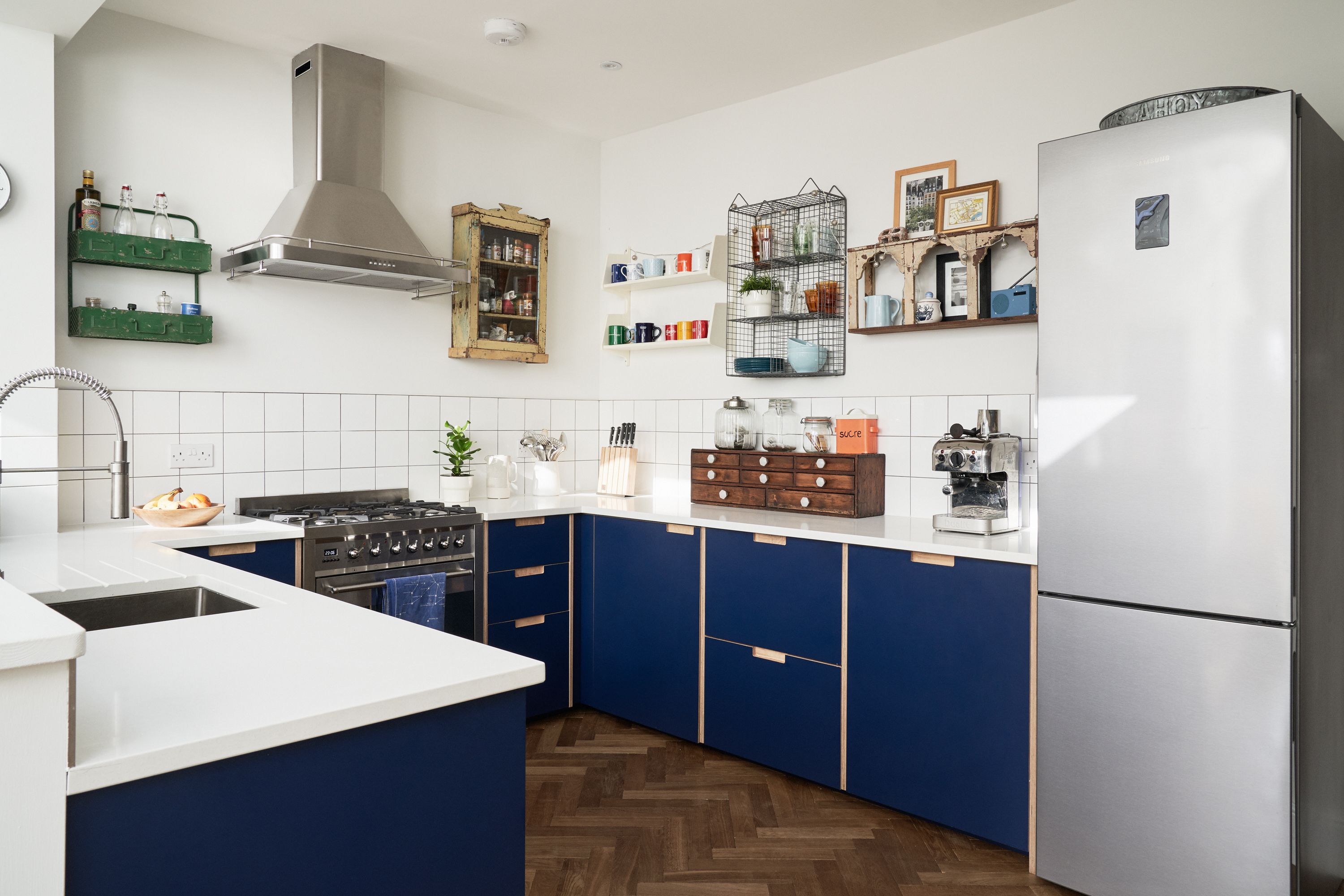 Navy Blue Formica fronts with semi-recessed handles in our Cramner Avenue kitchen