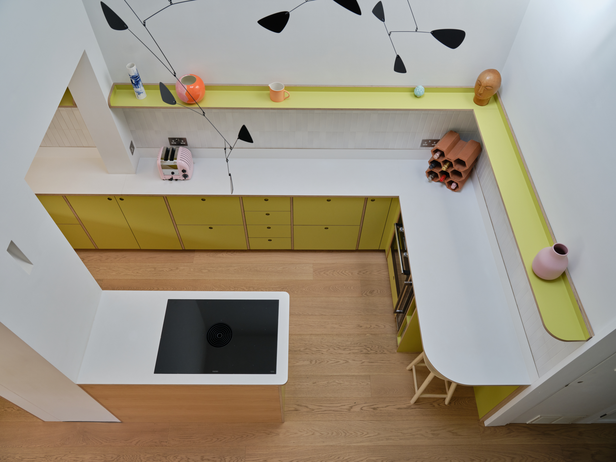 Plykea oak + Formica Wasabi + Arpa Bloom Verde Celadon birch plywood kitchen + white Fenix Bianco Kos birch plywood worktop