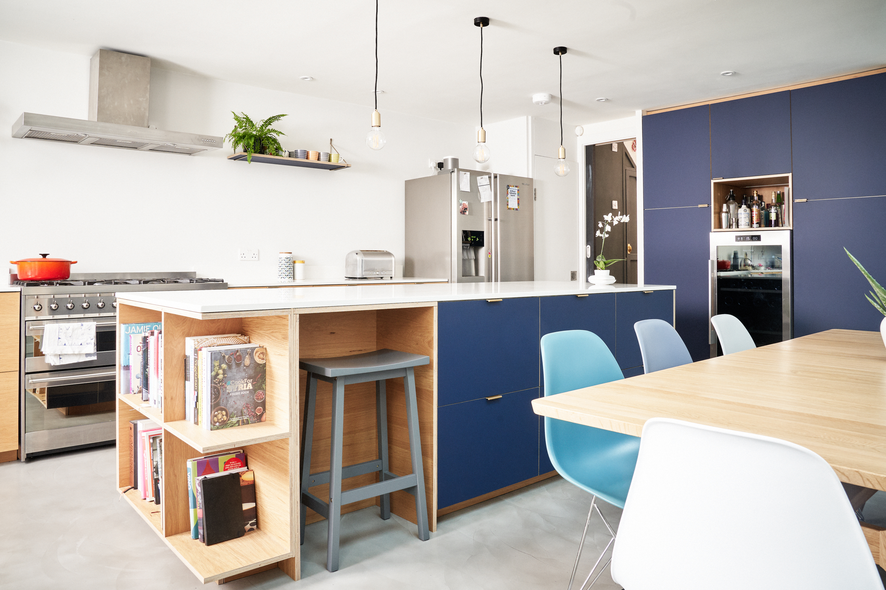 Blu Fez Fenix and Oak are combined with brass edge pull handles in our Ondine Road kitchen
