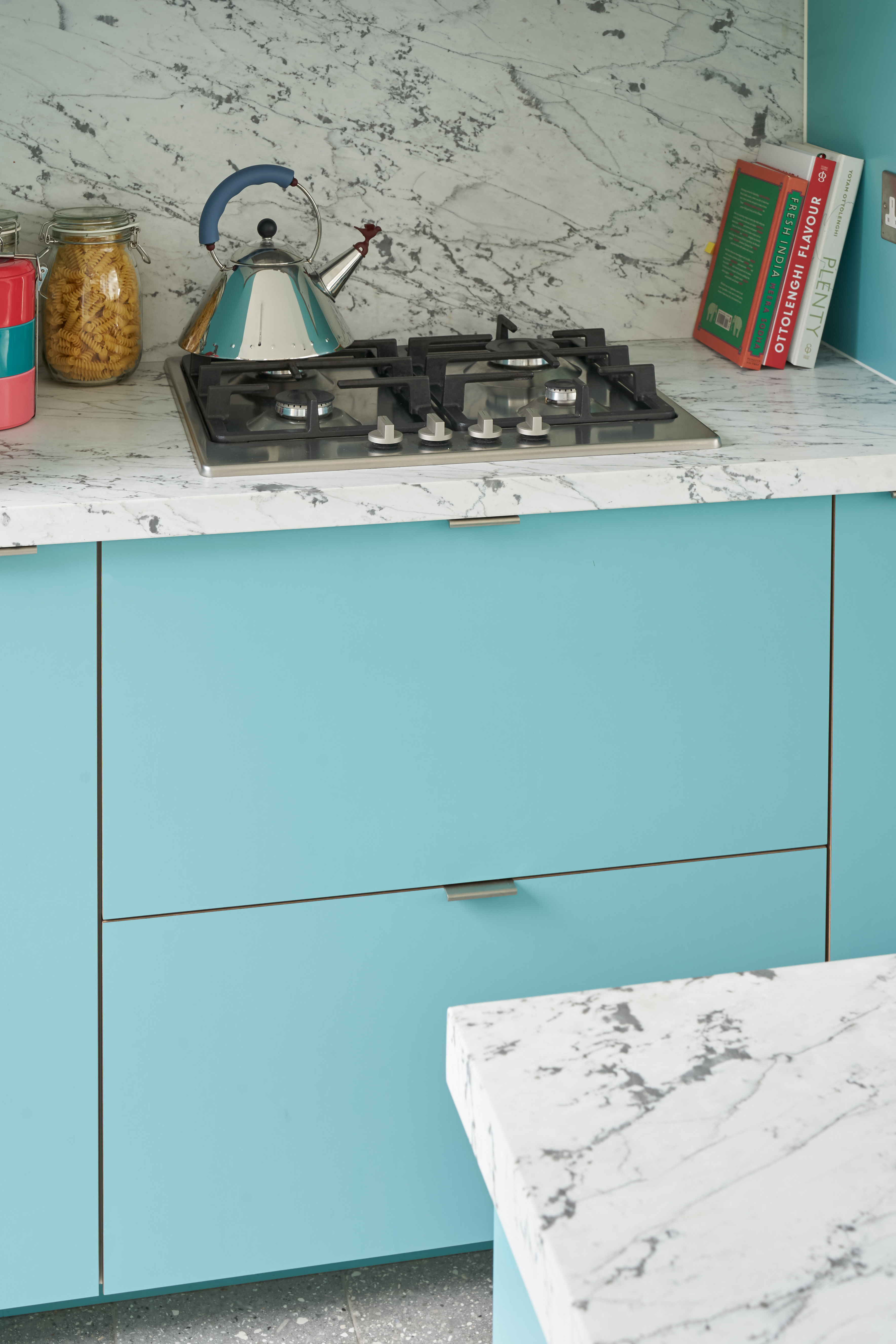 Plykea Formica Maui fronts with satin nickel edge pull handles