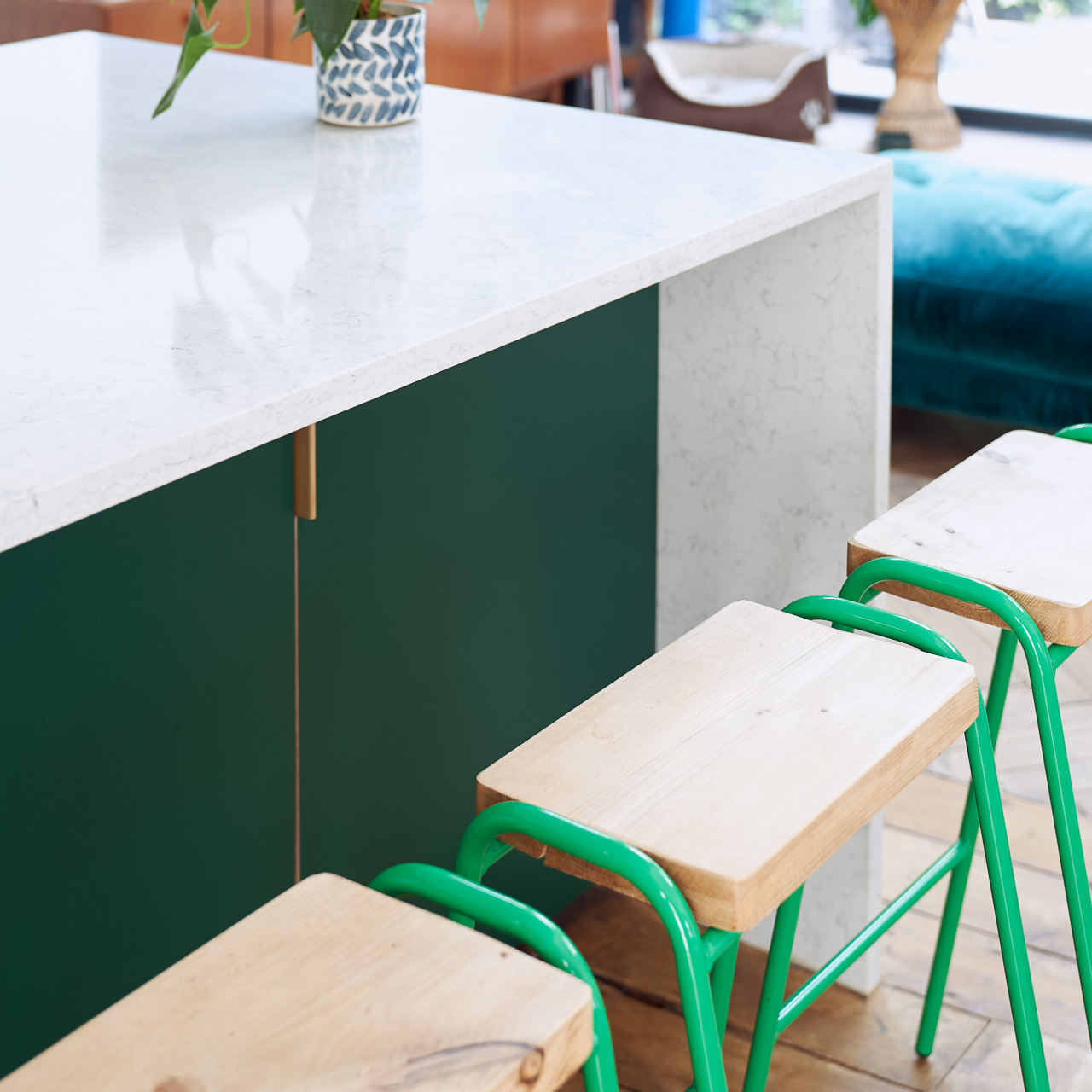 Hunter Green Formica, Walnut ply and brass edge pulls in our Forest Drive kitchen