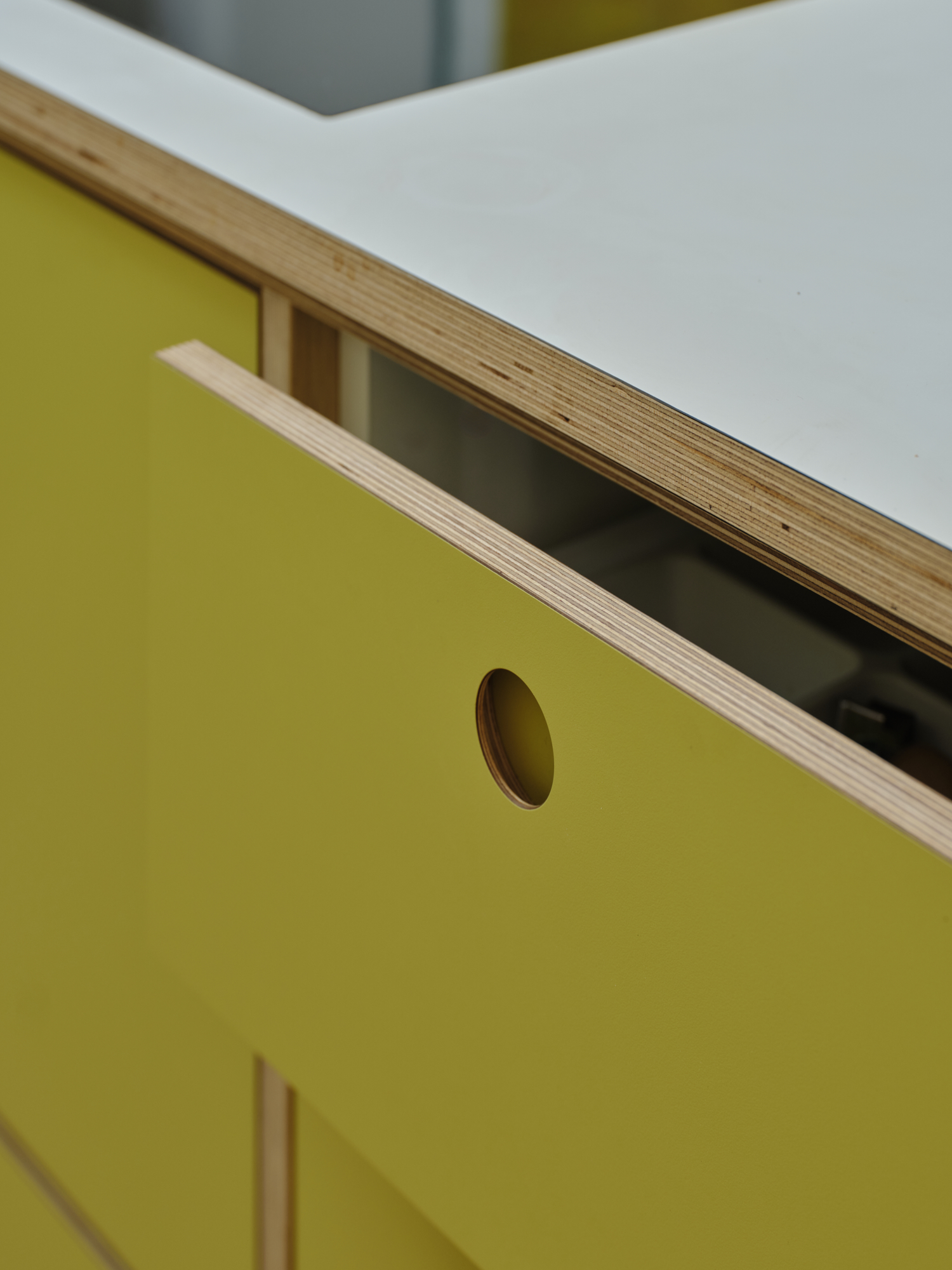 Plykea Formica Wasabi birch plywood kitchen + white Fenix Bianco Kos birch plywood worktop