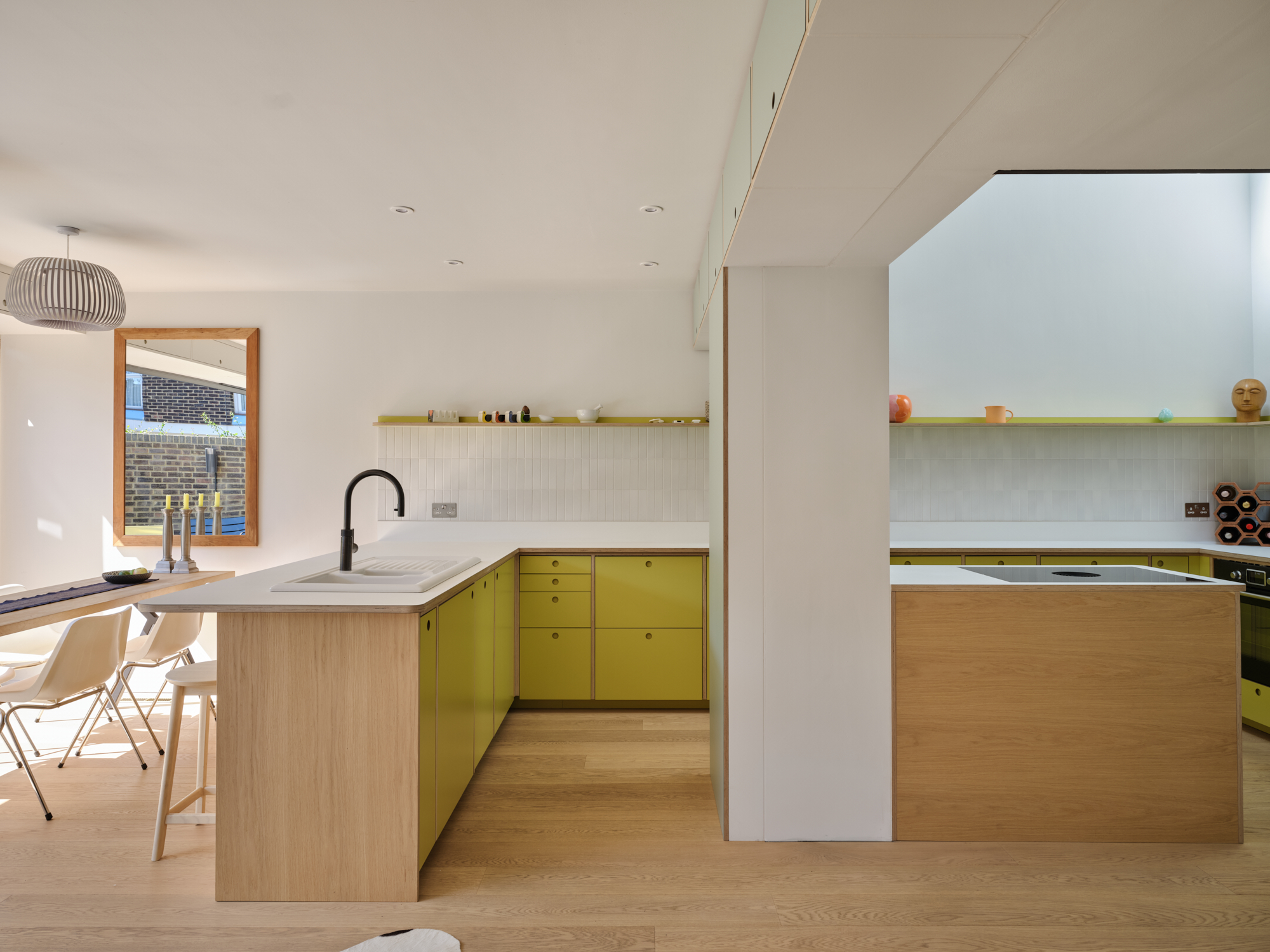 Plykea oak + Formica Wasabi + Arpa Bloom Verde Celadon birch plywood kitchen + white Fenix Bianco Kos birch plywood worktop