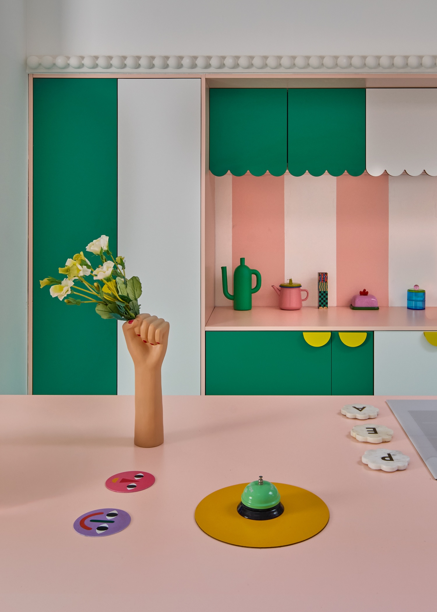 Plykea Formica Soft White + Spectrum Green plywood kitchen