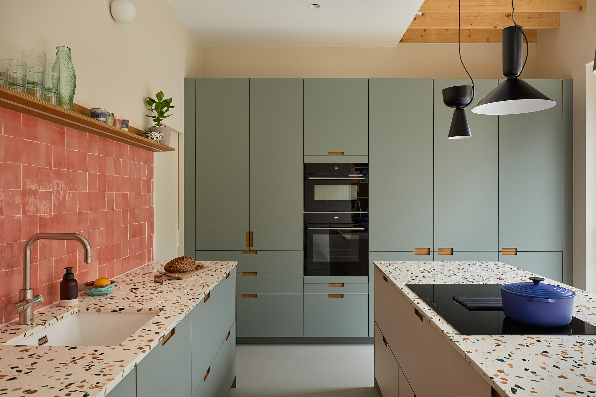 Plykea Fenix Bloom Verde Kitami and Arpa Bloom Rosa Bourbon faced birch plywood kitchen 