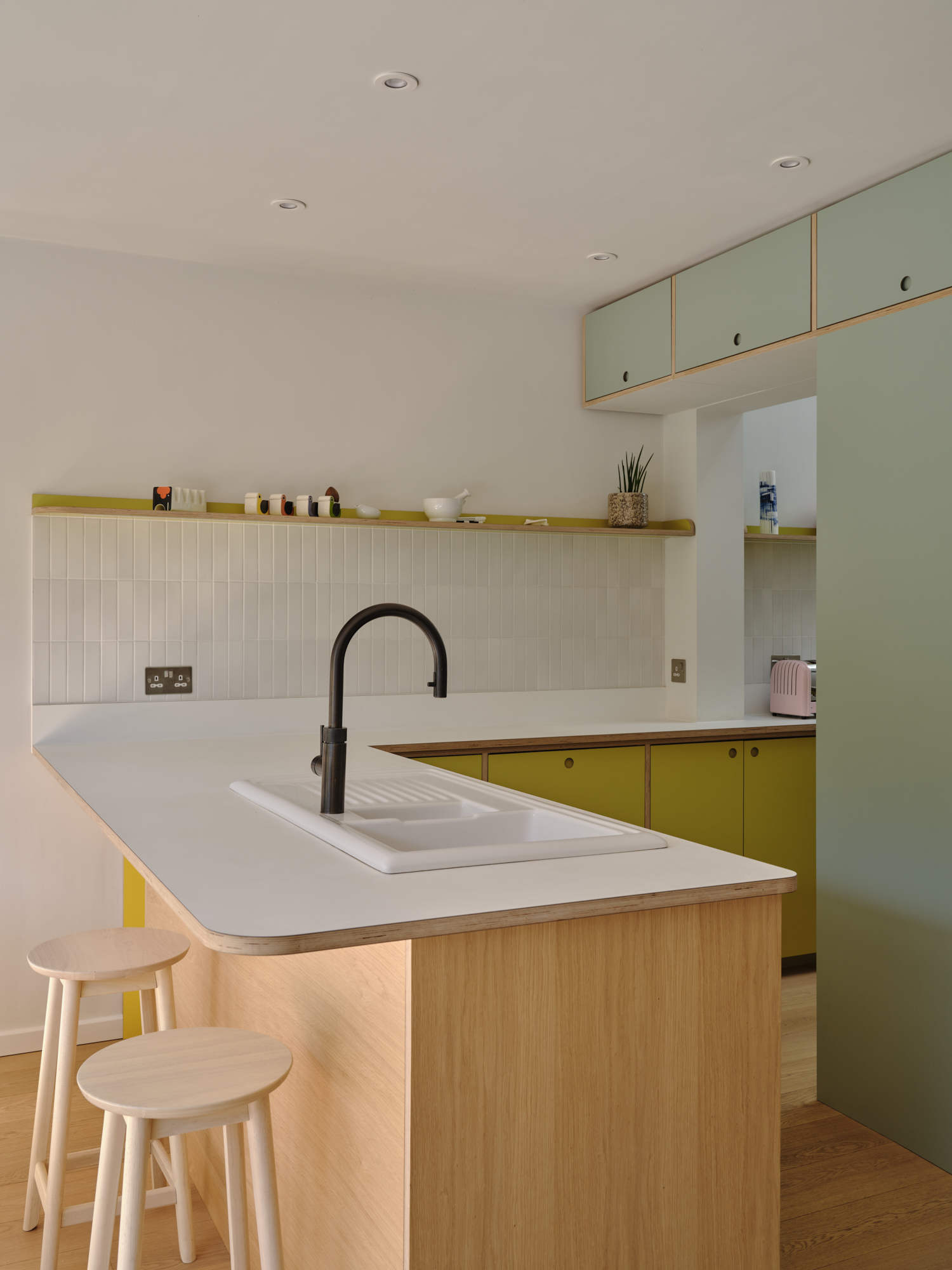 Plykea oak + Formica Wasabi + Arpa Bloom Verde Celadon birch plywood kitchen + white Fenix Bianco Kos birch plywood worktop